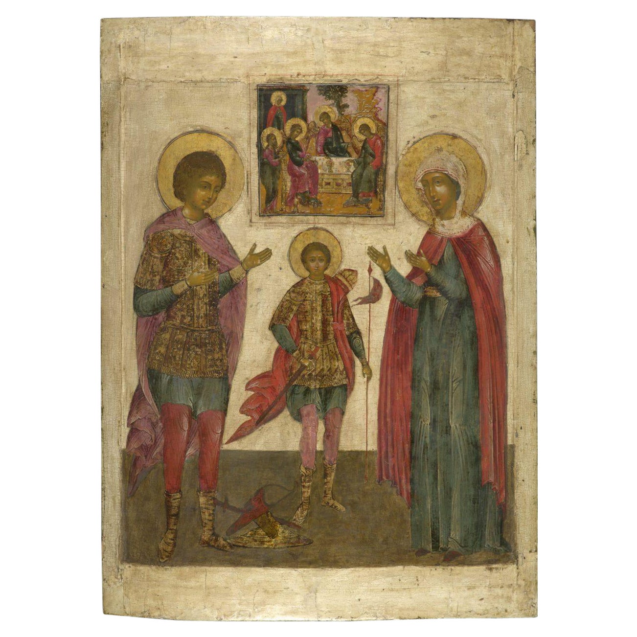 Religious icon with three chosen Saints, ca. 1700 For Sale