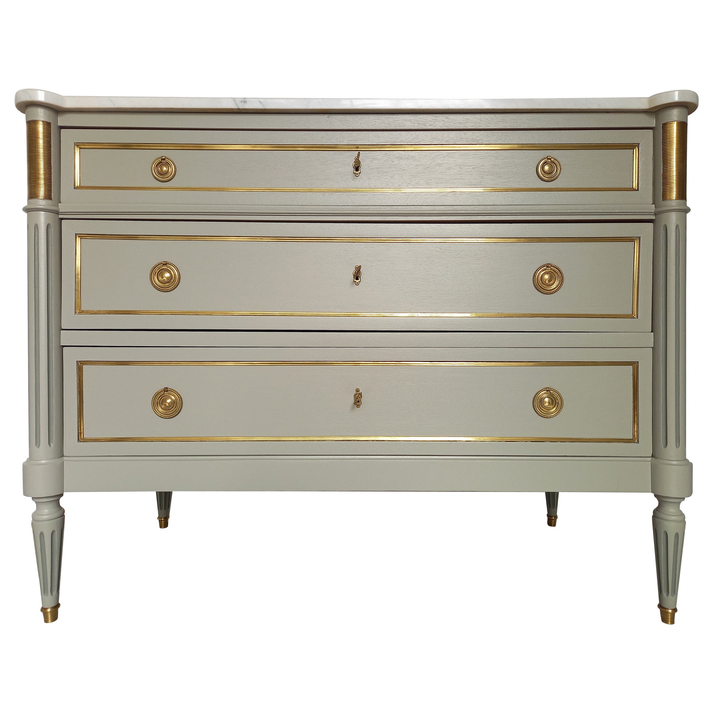 Antique French, Louis XVI Chest of Drawers Commode, Carrara Marble & Bronze For Sale
