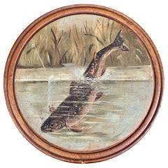 Antique Hand Painted Trout Fish on Board Painting, 19th Century