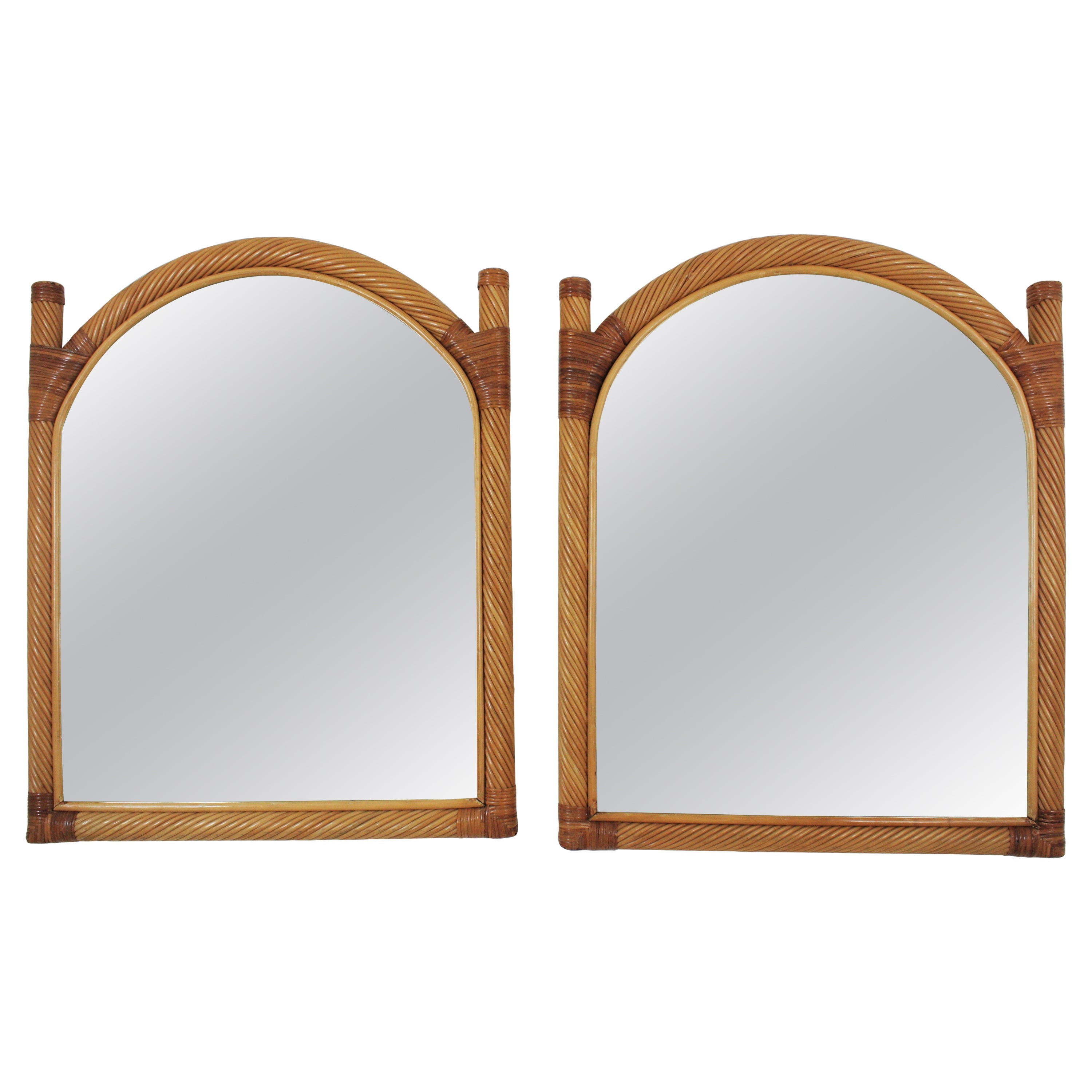Pair of Vivai del Sud Rattan Pencil Reed Mirrors with Arch Top