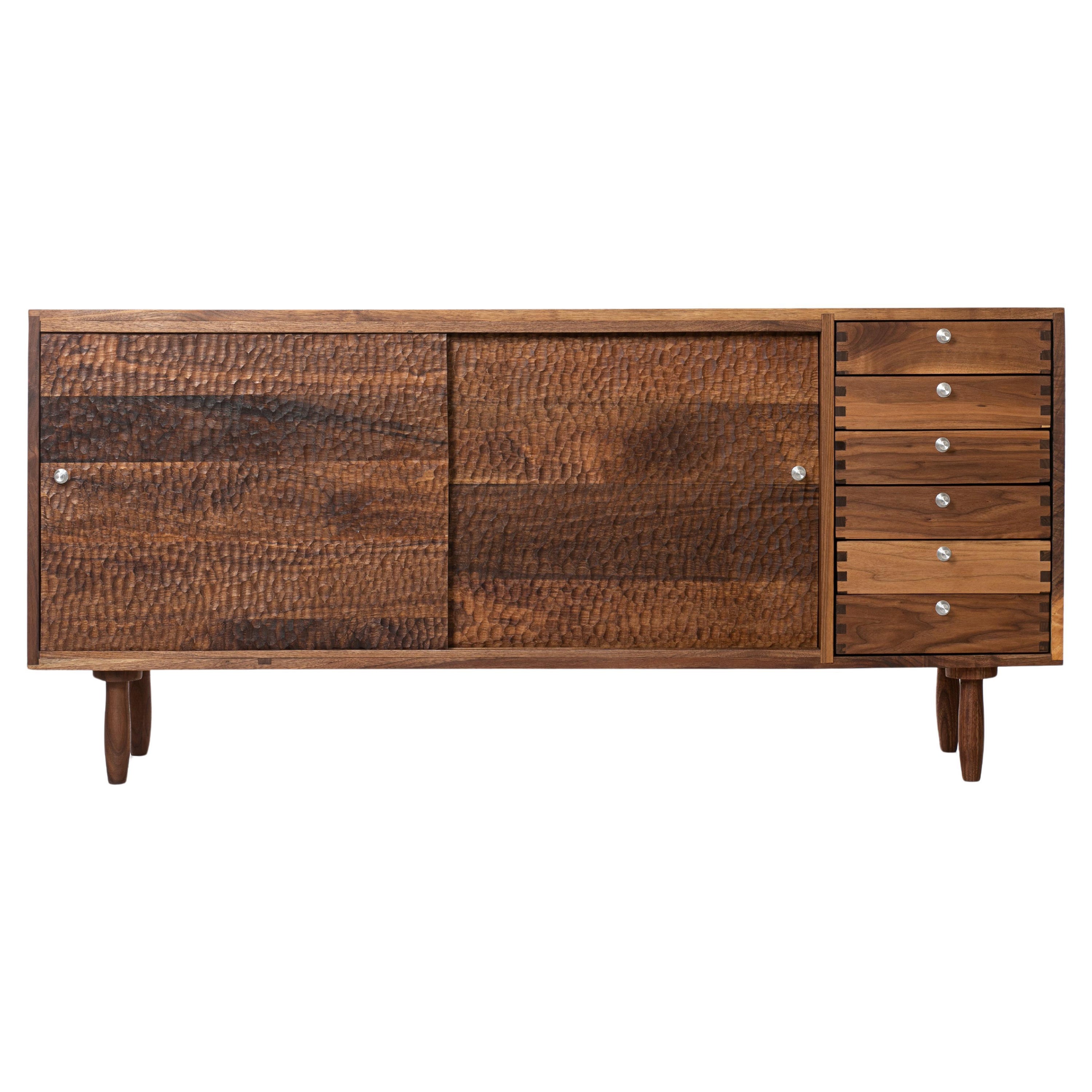 Chip carved walnut cabinet sideboard with sliding doors by Michael Rozell - new 