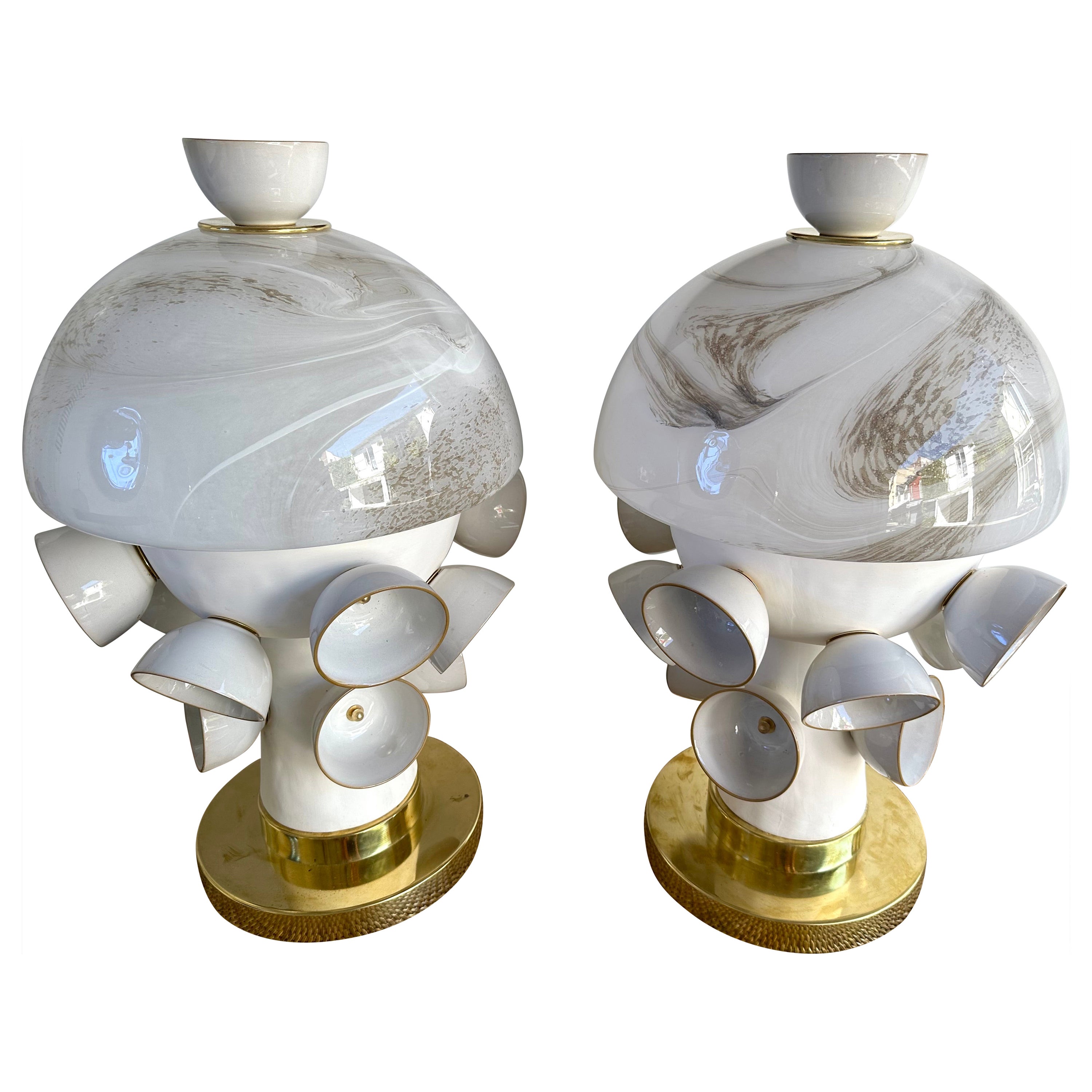 Contemporary Pair of Brass Murano Glass and Ceramic Mushroom Lamps, Italy For Sale