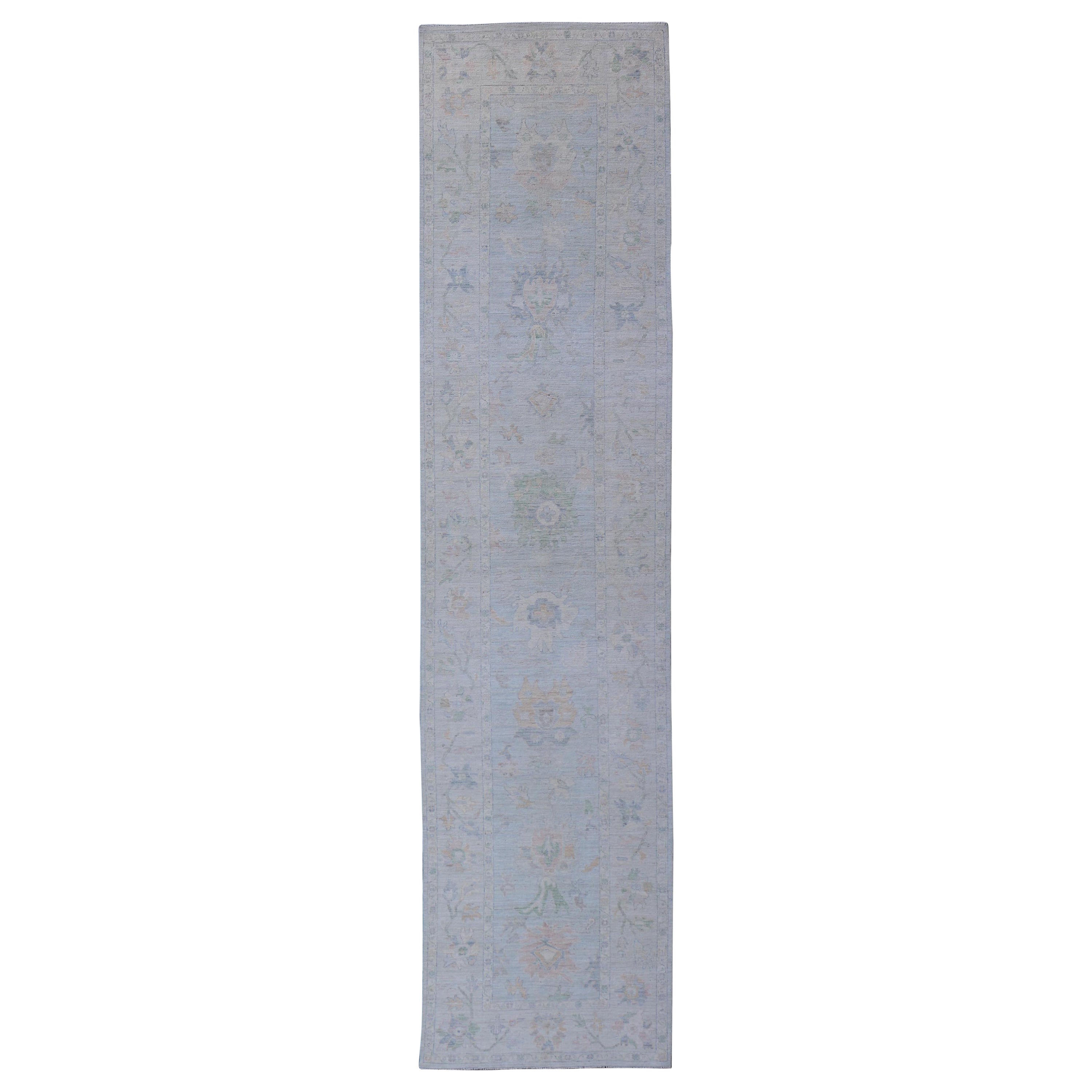 Neutral Color Gallery Oushak Runner with Medallion Design in Light Blue Field