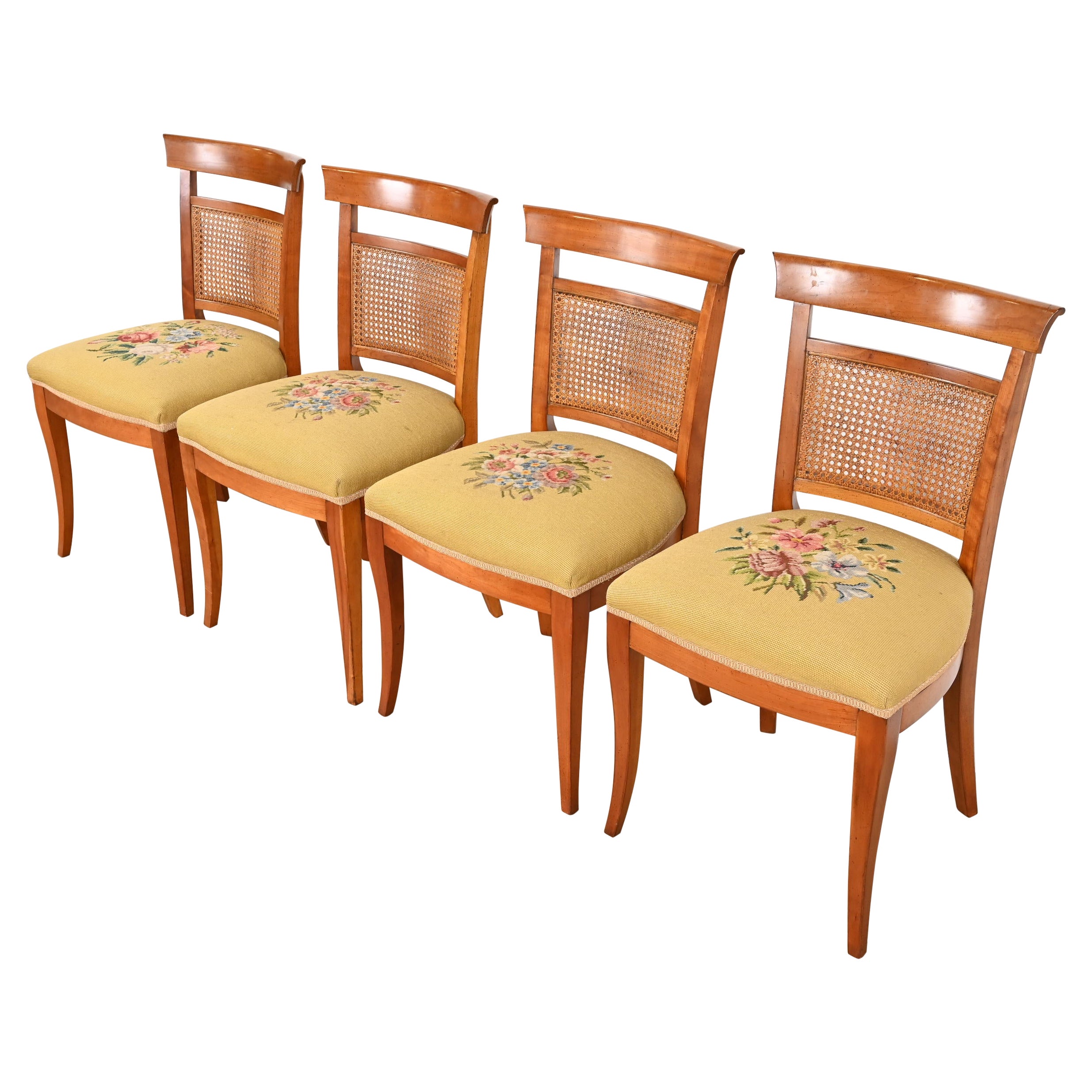 Kindel Furniture French Regency Cherry Wood and Cane Dining Chairs, Set of Four For Sale