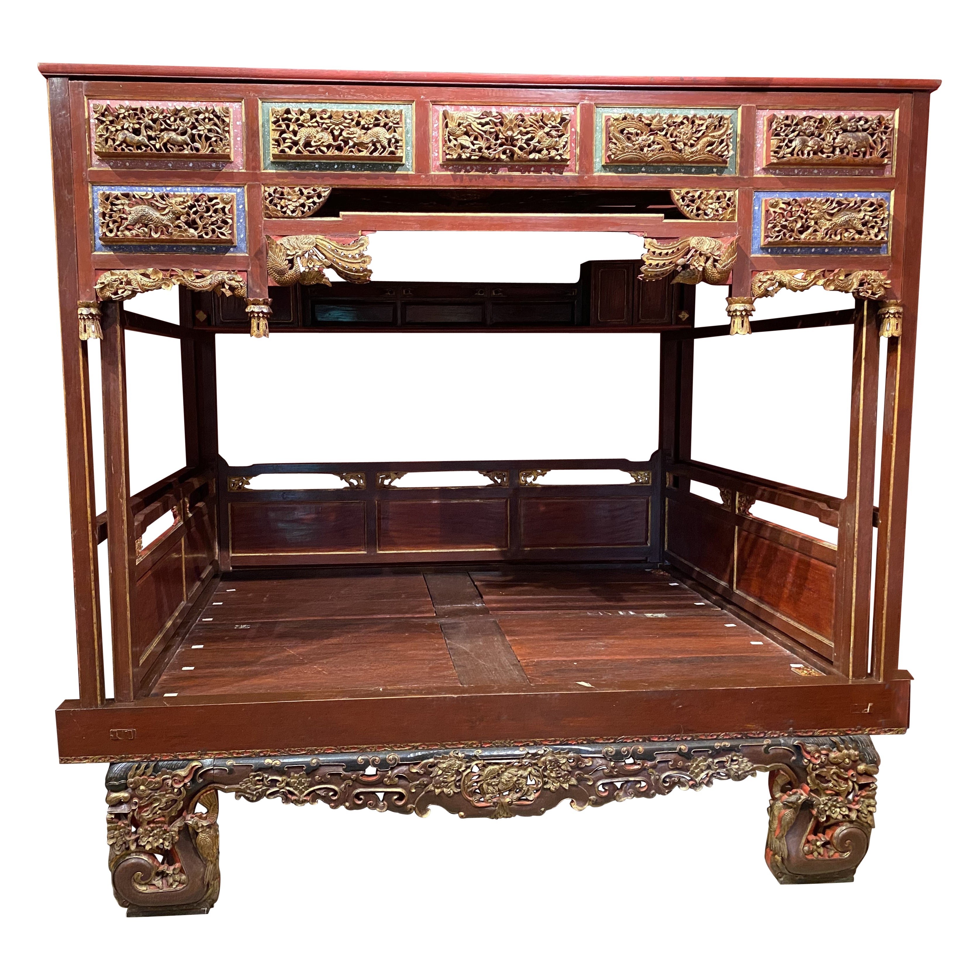 Exceptional Chinese Carved Polychrome Elmwood Canopy Wedding Bed