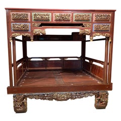 Used Exceptional Chinese Carved Polychrome Elmwood Canopy Wedding Bed