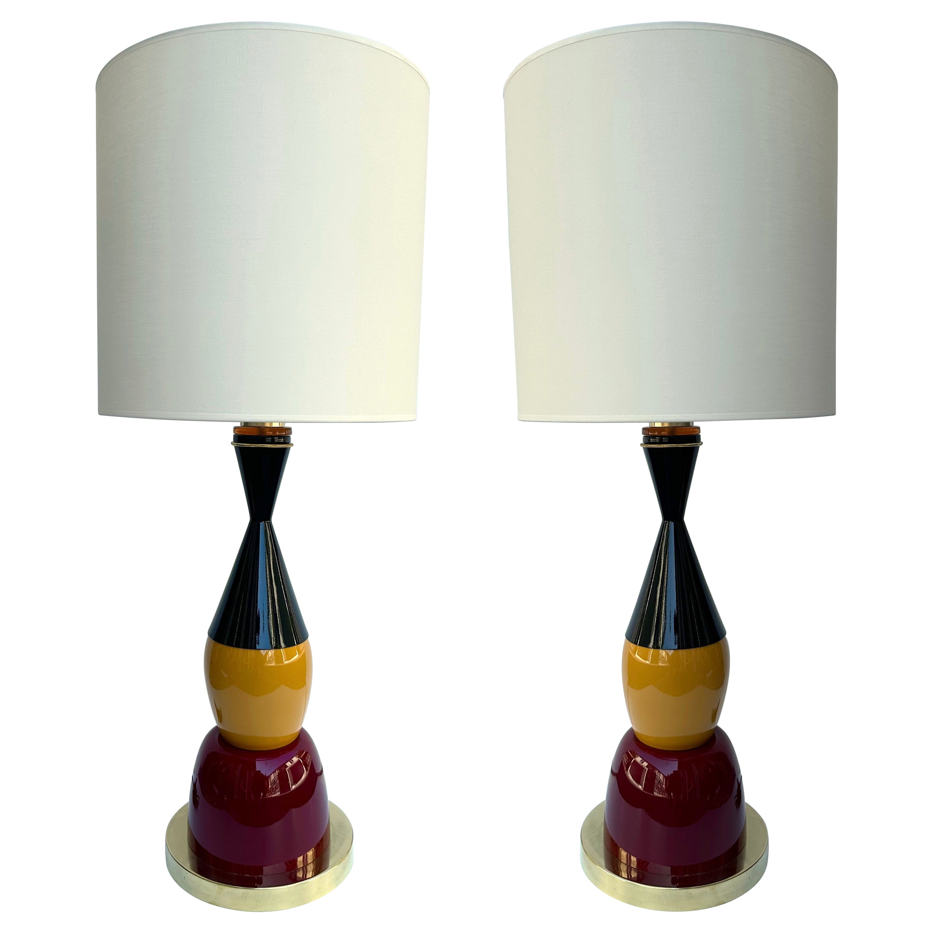 Contemporary Pair of Brass Murano Glass and Lacquered Metal Cone Lamps, Italy