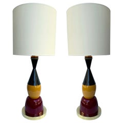 Contemporary Pair of Brass Murano Glass and Lacquered Metal Cone Lamps, Italien