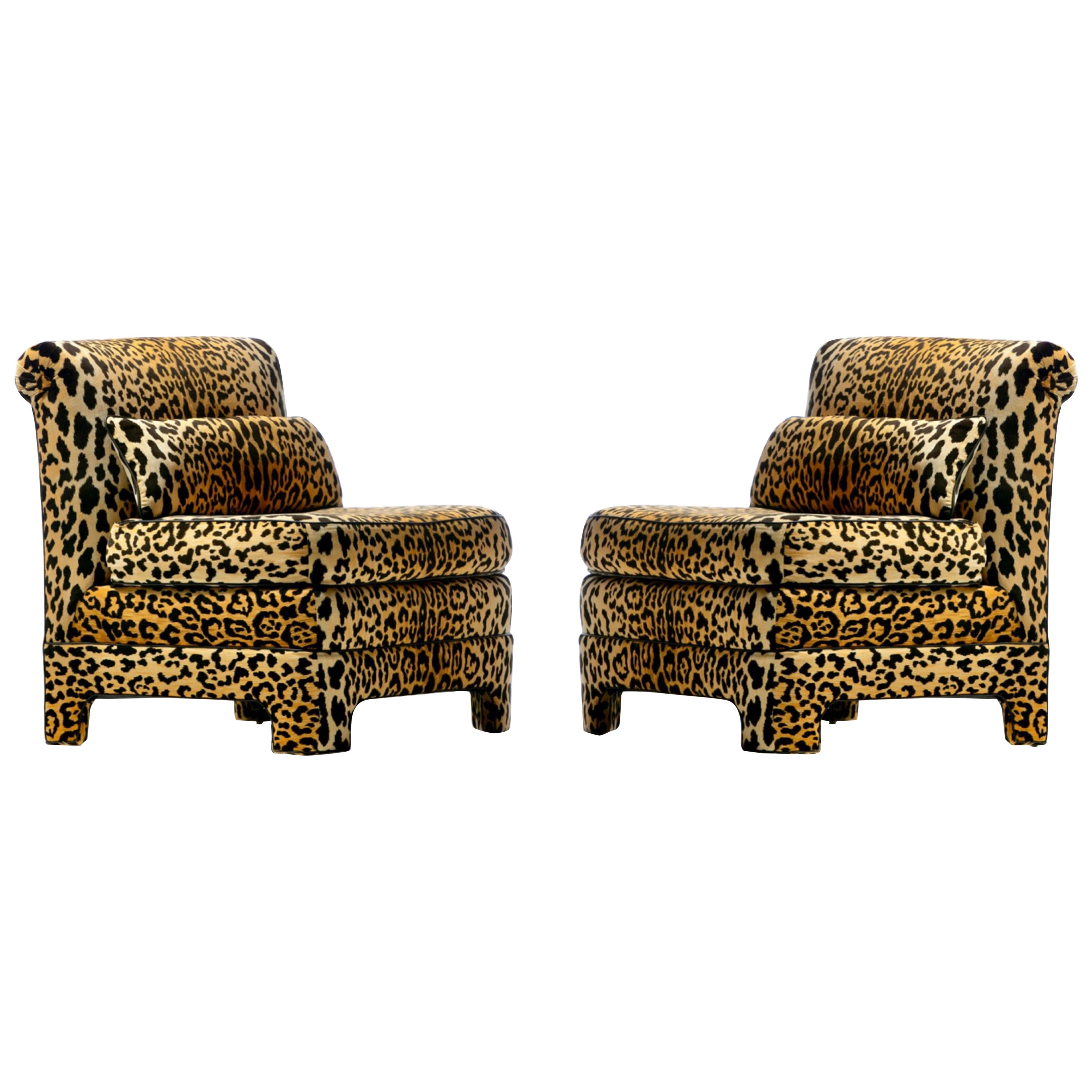 Pair of Billy Baldwin Regency Style Leopard Velvet Slipper Chairs, c. 1970s