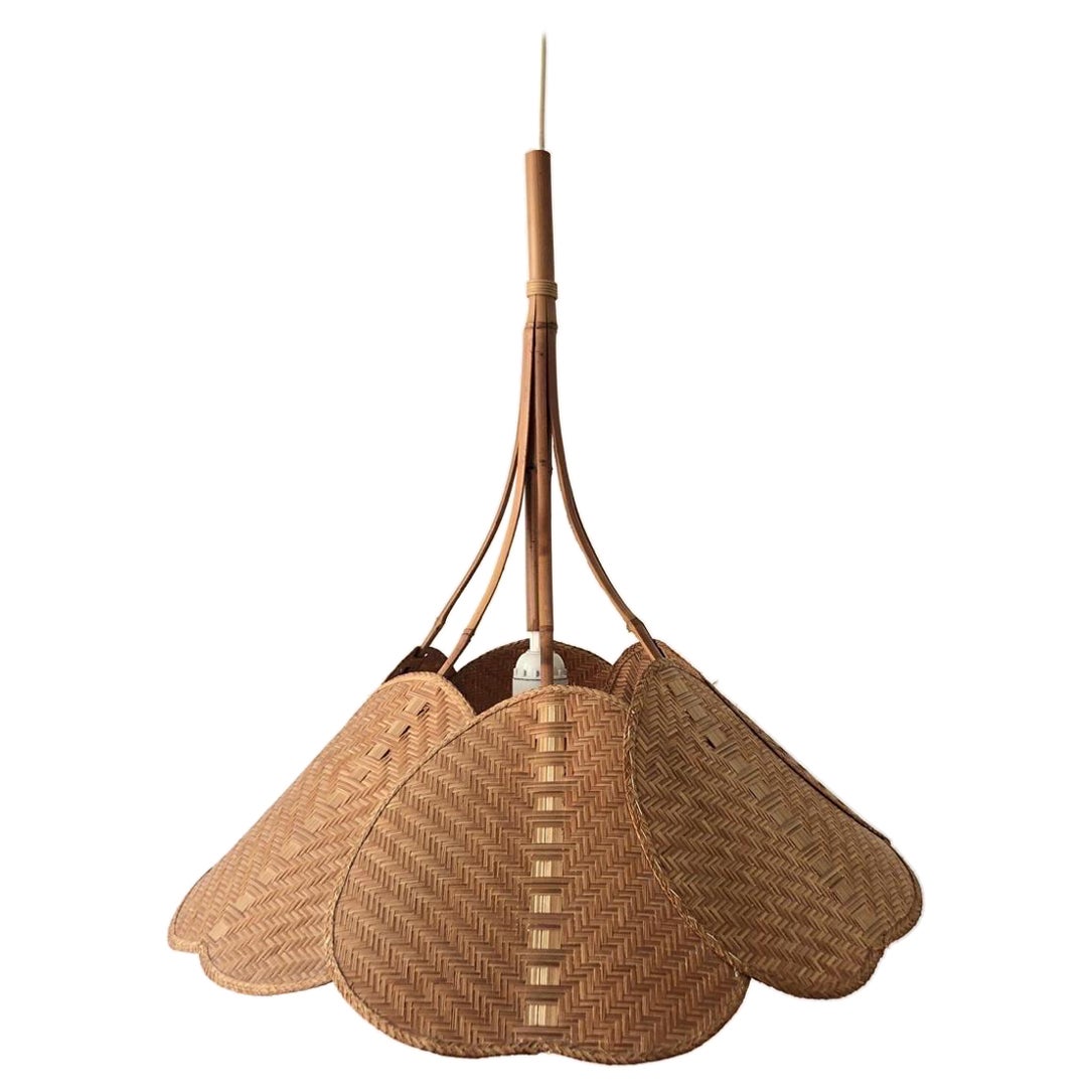 Palmate Leaf Design Wicker and Bamboo Beautiful Pendant Lamp, 1960s, Germany
