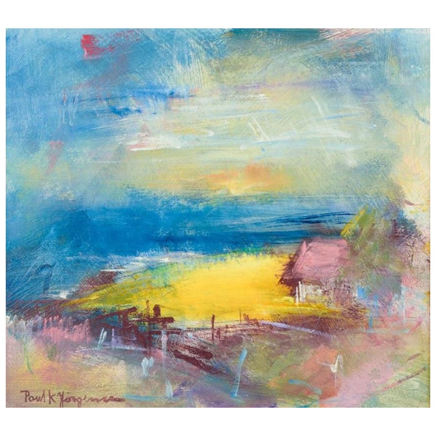 Poul K. Jörgensen, listed Swedish artist, oil on board. Landscape with rapeseed For Sale