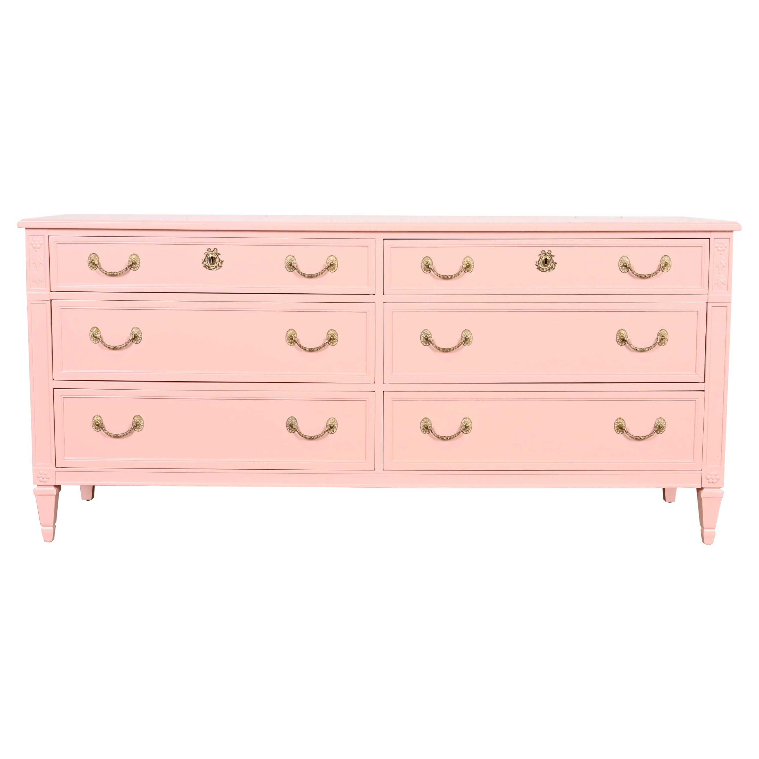 Kindel Furniture French Regency Louis XVI Pink Lacquered Dresser, Refinished