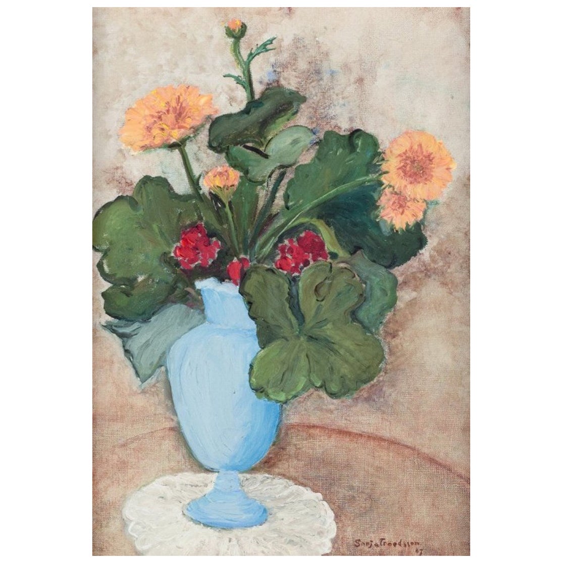 Sonja Troedsson, Swedish artist. Oil on canvas. Modernist floral still life For Sale