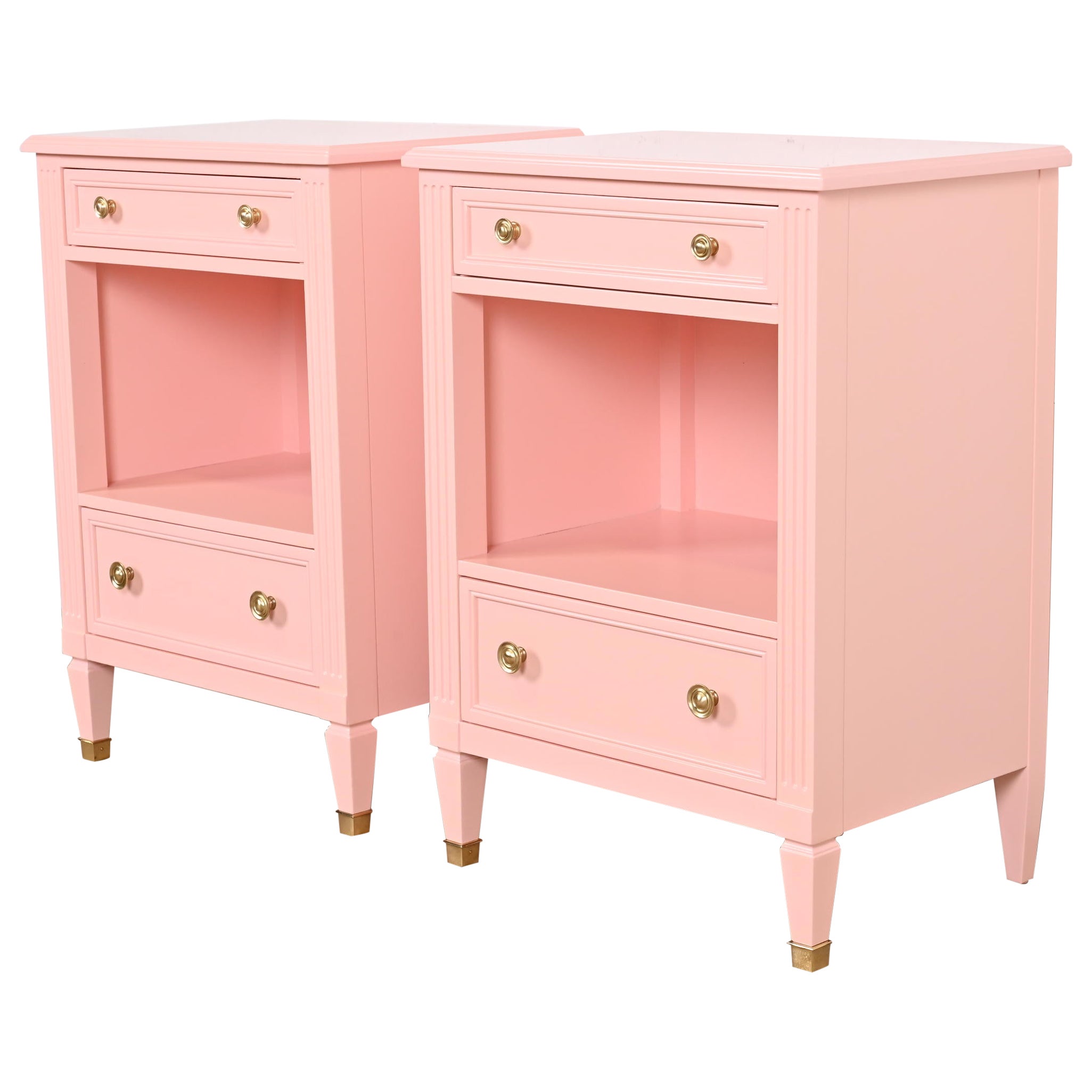 Kindel Furniture French Regency Louis XVI Pink Lacquered Nightstands, Refinished