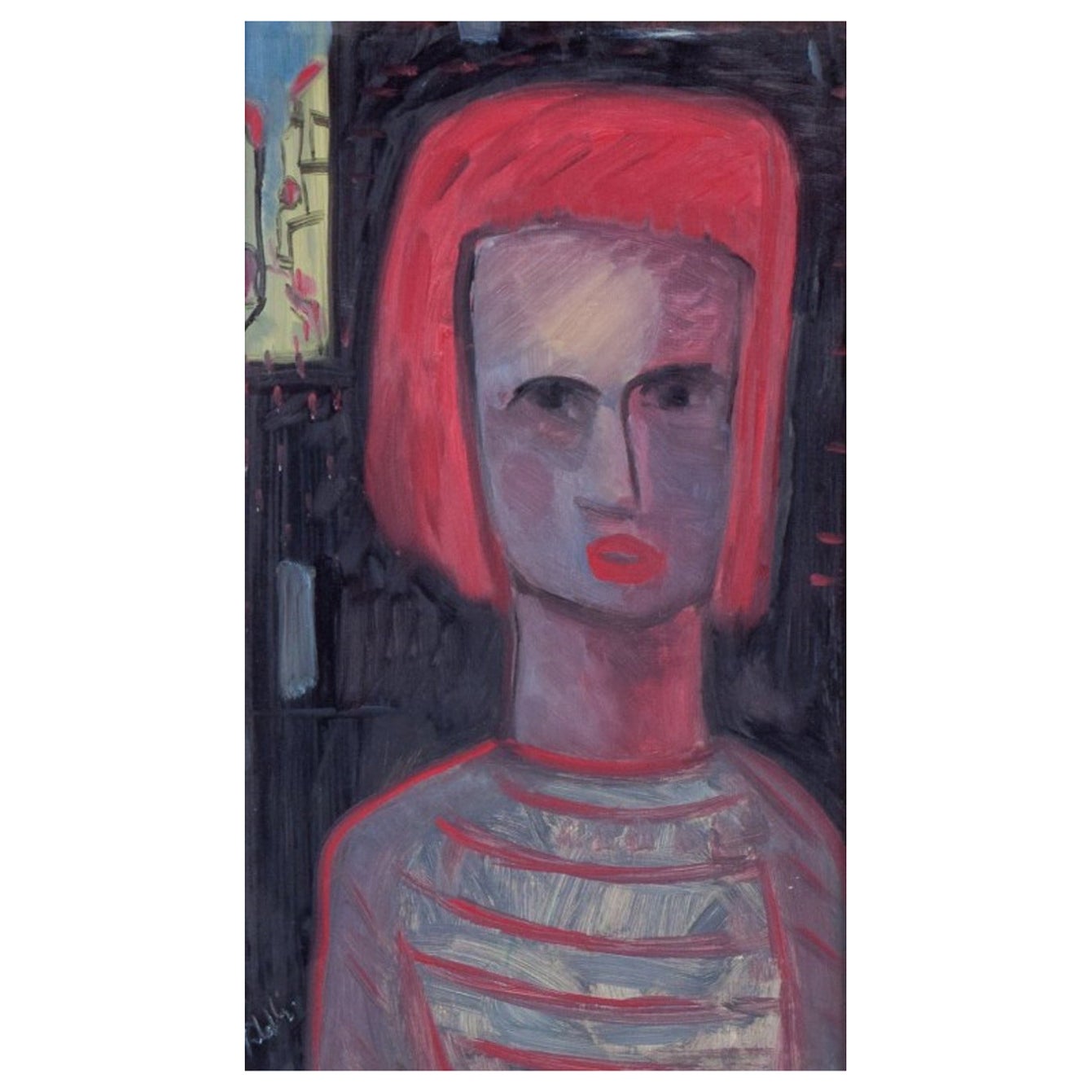 Lennart Pilotti, artiste suédois. Huile sur planche. Portrait moderniste d'une jeune femme