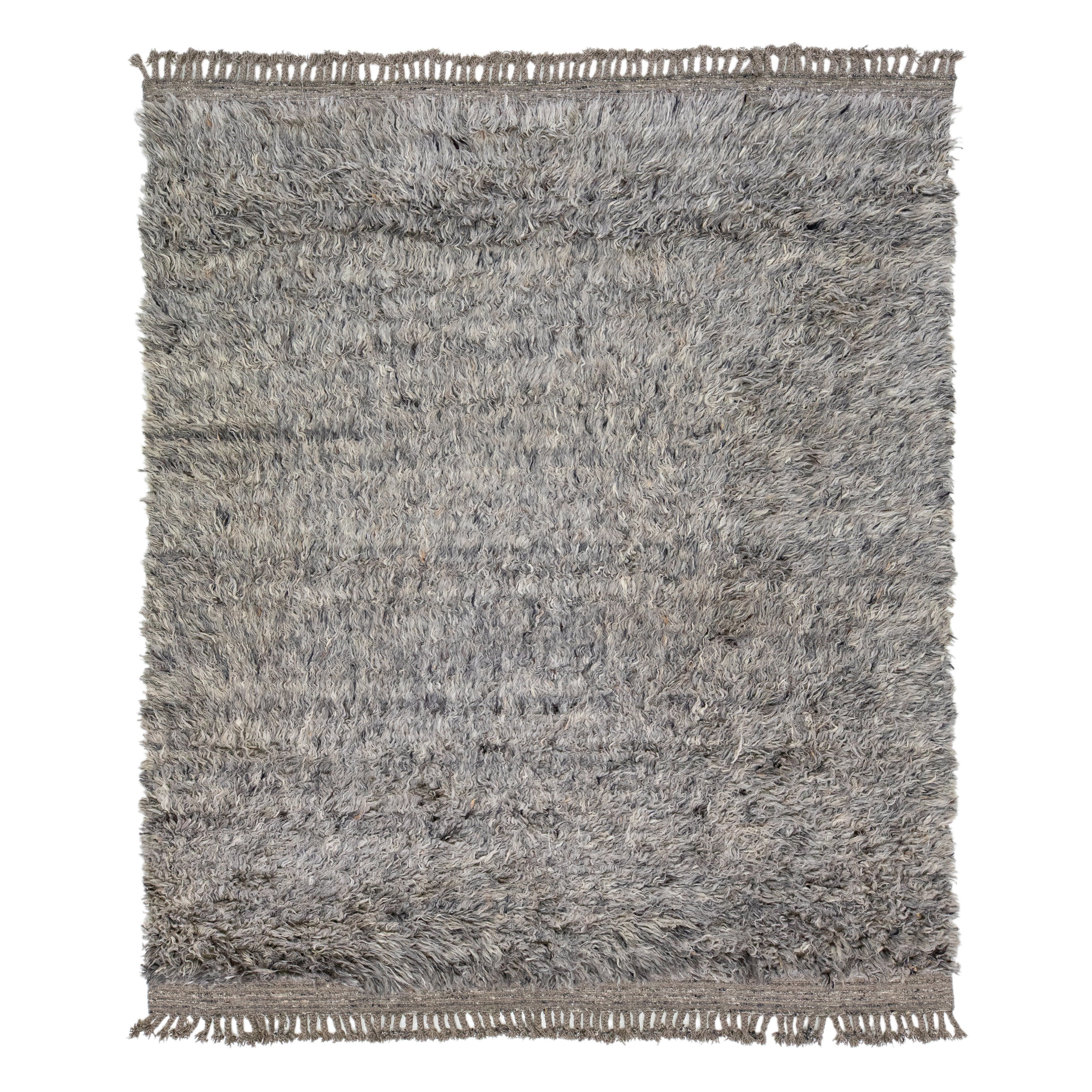 Gray Modern Moroccan Style Shaggy Wool Area Rug  For Sale