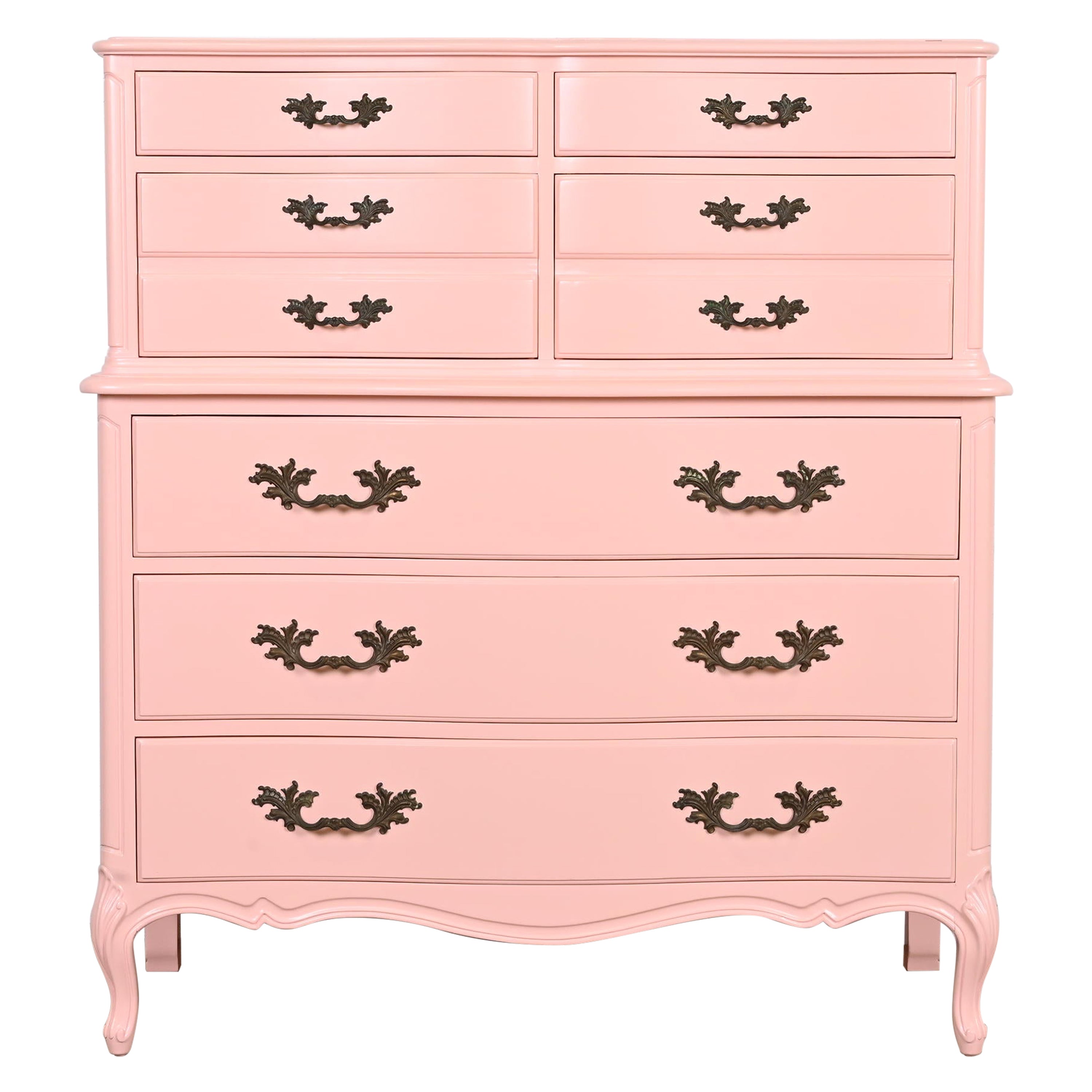 Henredon French Provincial Louis XV Pink Lacquered Highboy Dresser, Refinished For Sale