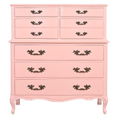 Henredon French Provincial Louis XV Pink Lacquered Highboy Dresser, Refinished