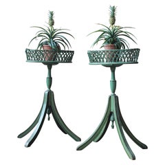 Antique Early 20th C Pair of Regency Style Mist Green Pine & Wicker Jardinieres Planters