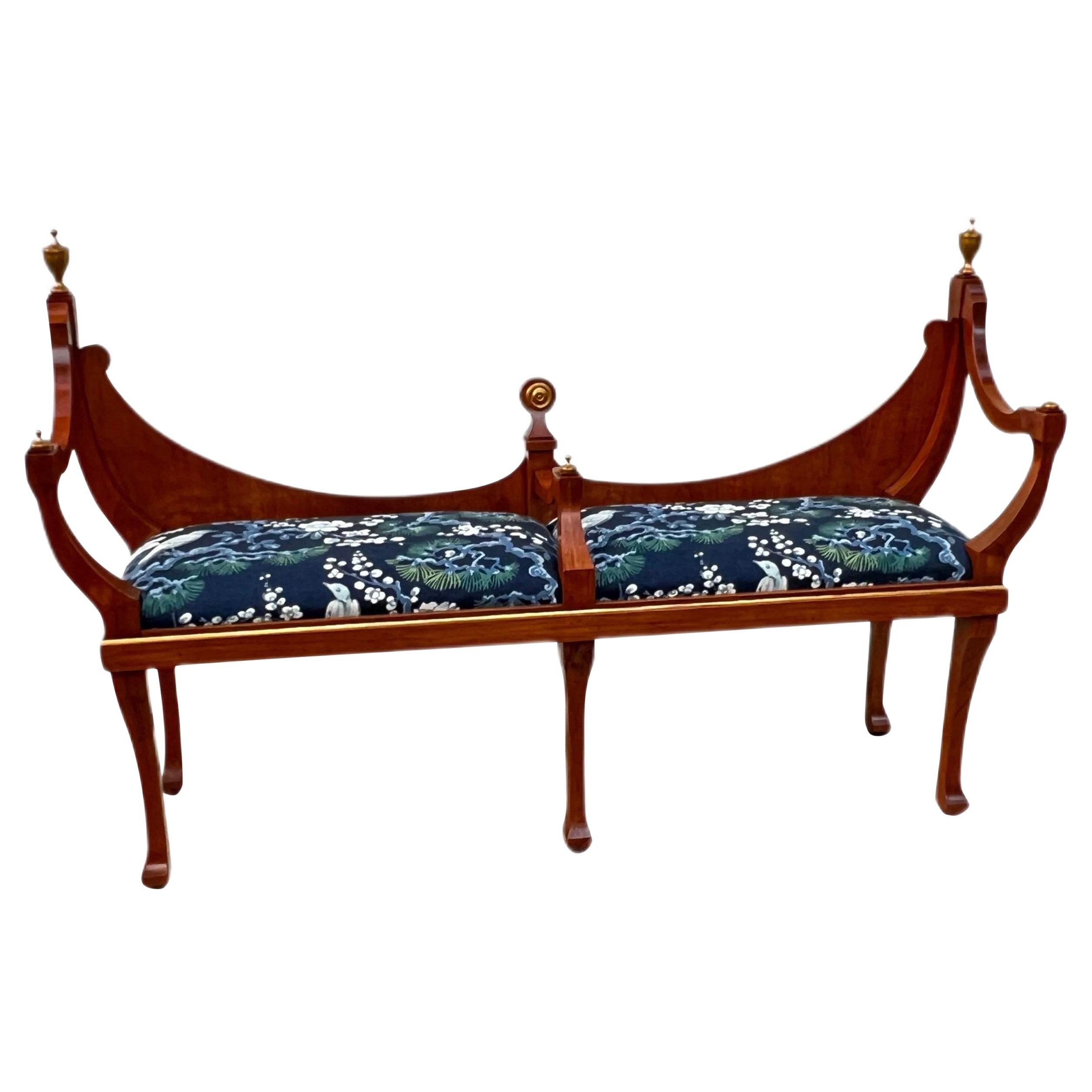 Mid-Century Open Crescent Back Italian Bench with Blue Upholstery 