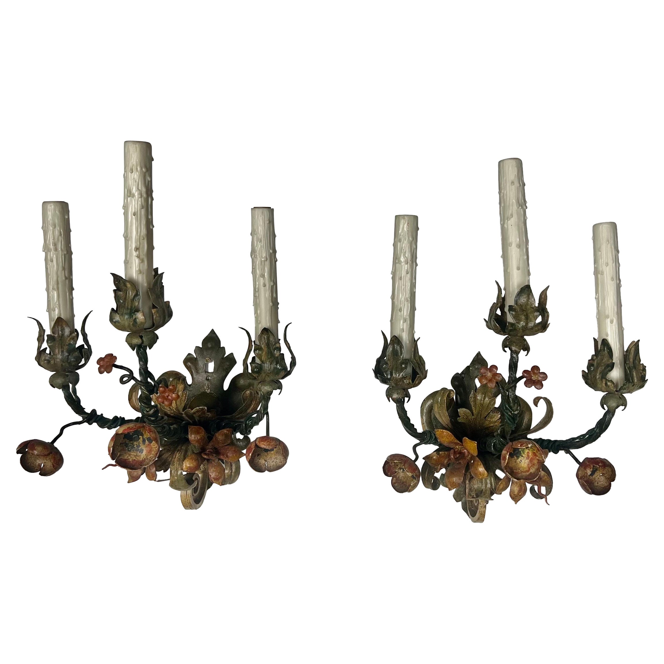 Pair of Wrought Iron 3-Light Painted Sconces