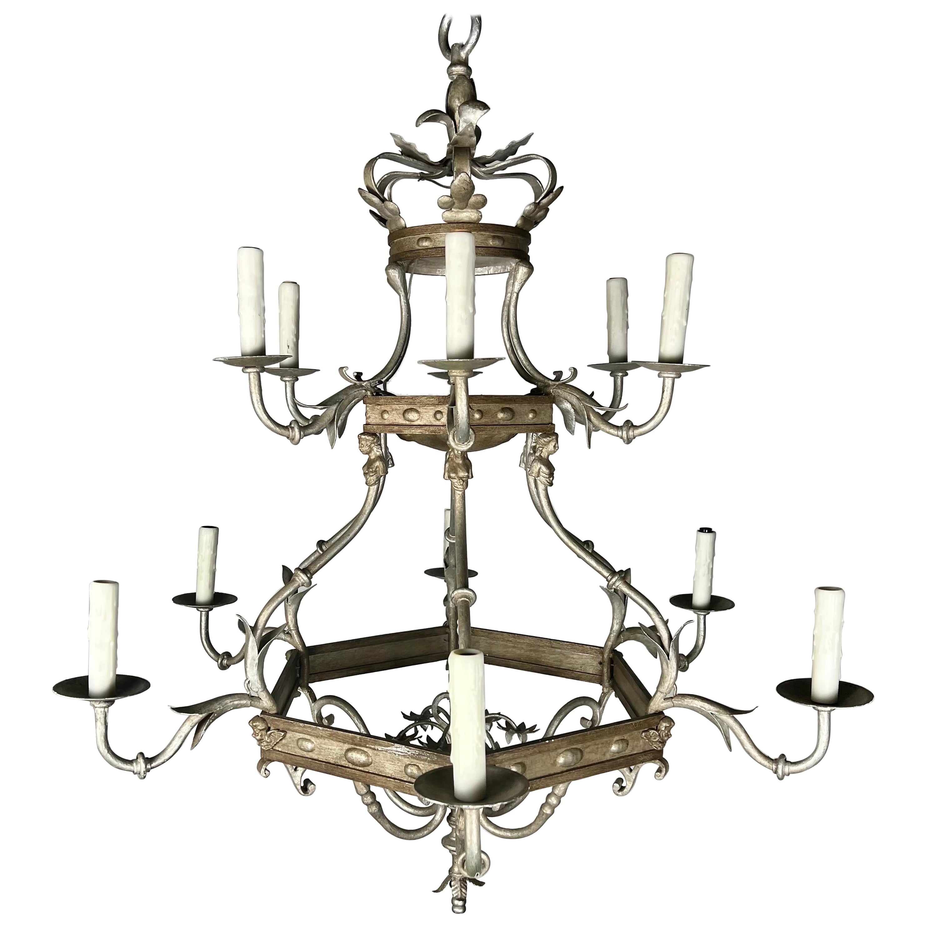 Monumental Two-Tiered 12-Light Silvered Chandelier w/ Crown  For Sale