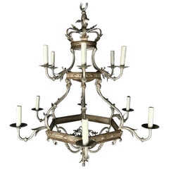 Monumental Two-Tiered 12-Light Silvered Chandelier w/ Crown 