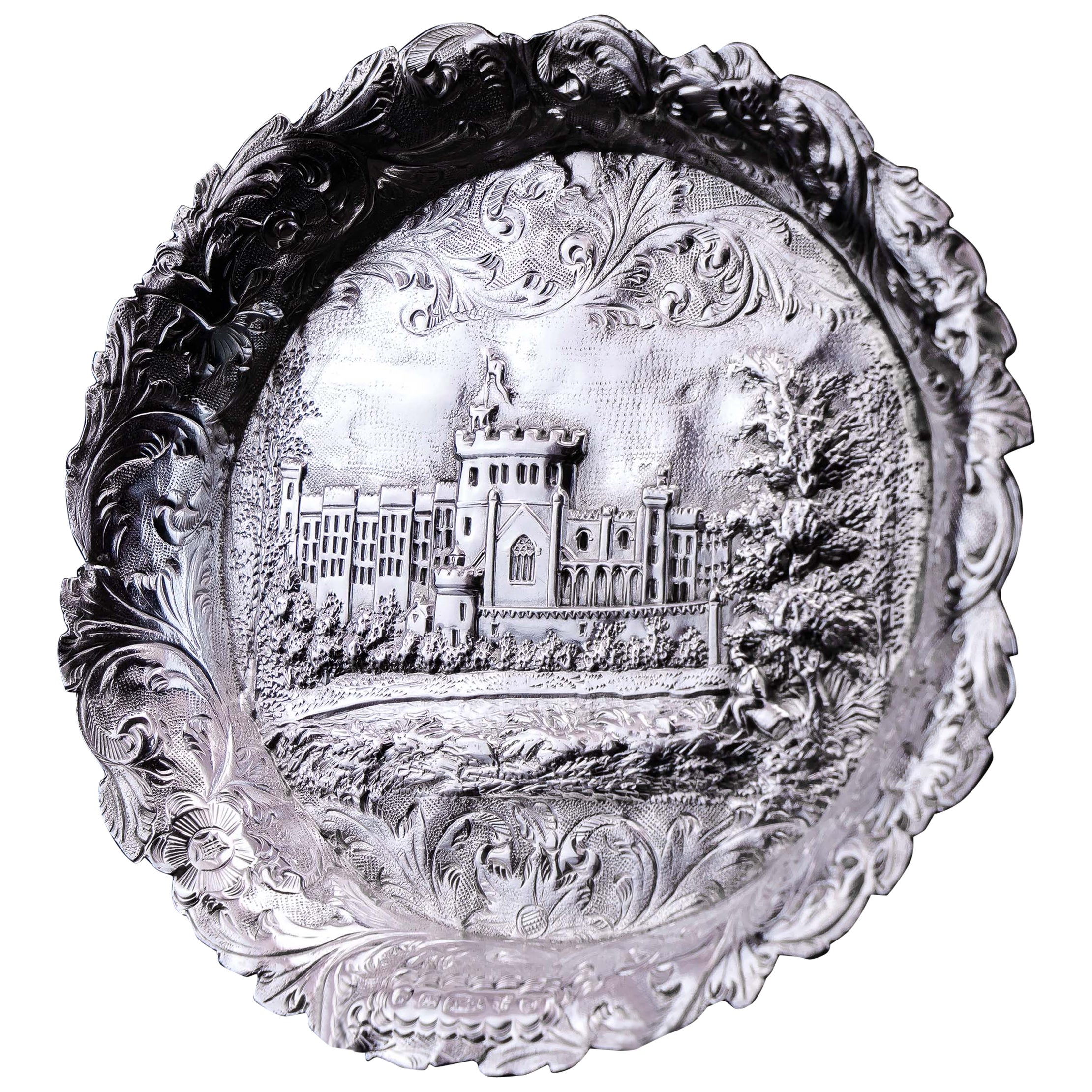 Antique Solid Sterling Silver 'Castle Top' Dish/Pin Tray, Windsor Castle - 1843 For Sale