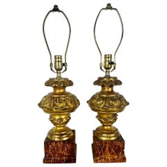 Pair of Italian Giltwood Carved Lamps on Faux Marble Bases