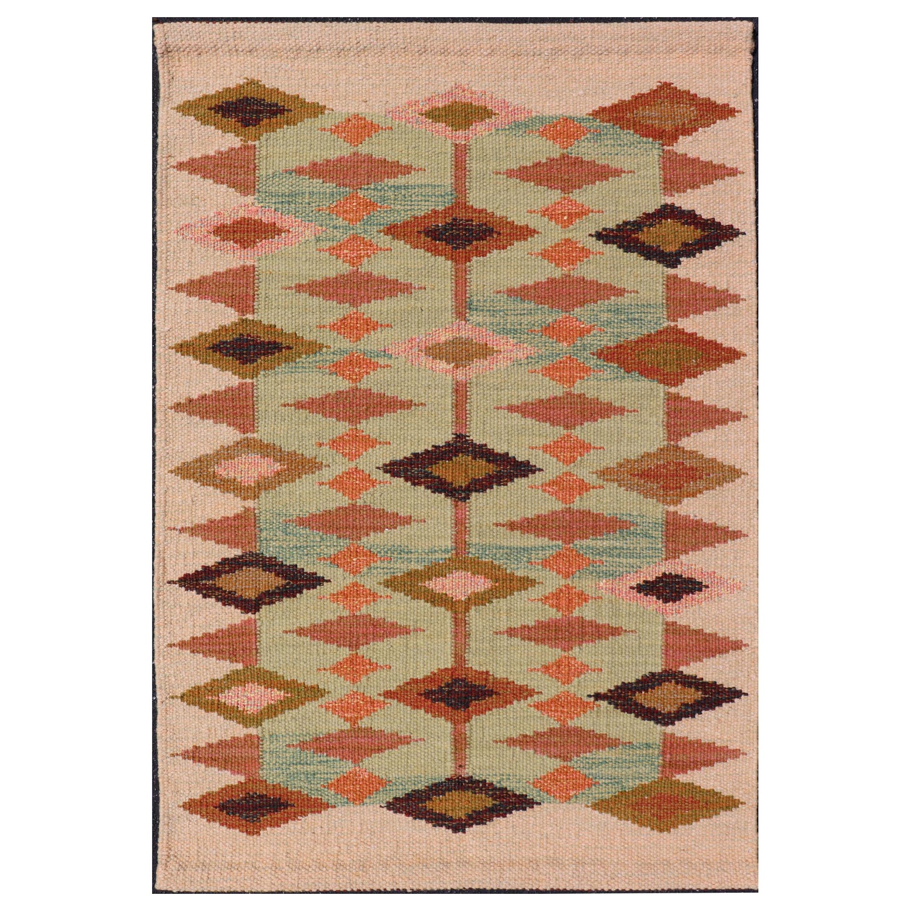 Scandinavian-Style Flat Weave Wool Rug with Geometric Design, 3'2" x 4'10" For Sale