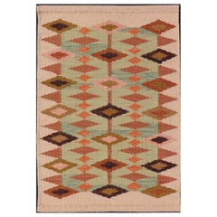 Tappeto in lana a trama piatta in stile scandinavo con design geometrico, 3'2" x 4'10"