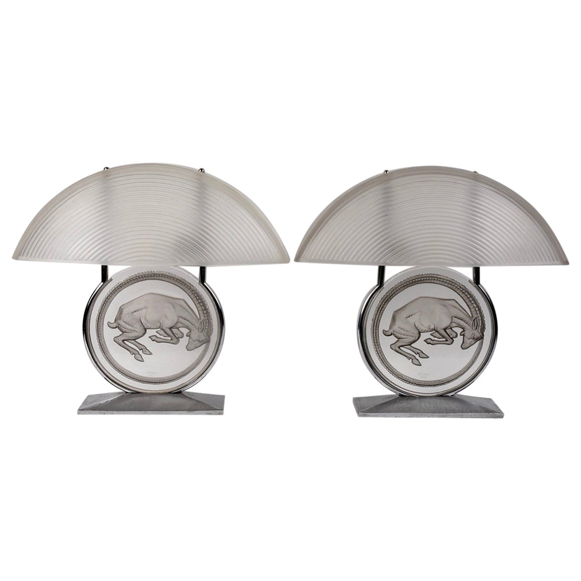 1931 René Lalique Pair Lamps Belier Rams Glass with Grey Patina For Sale