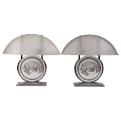 Vintage 1931 René Lalique Pair Lamps Belier Rams Glass with Grey Patina