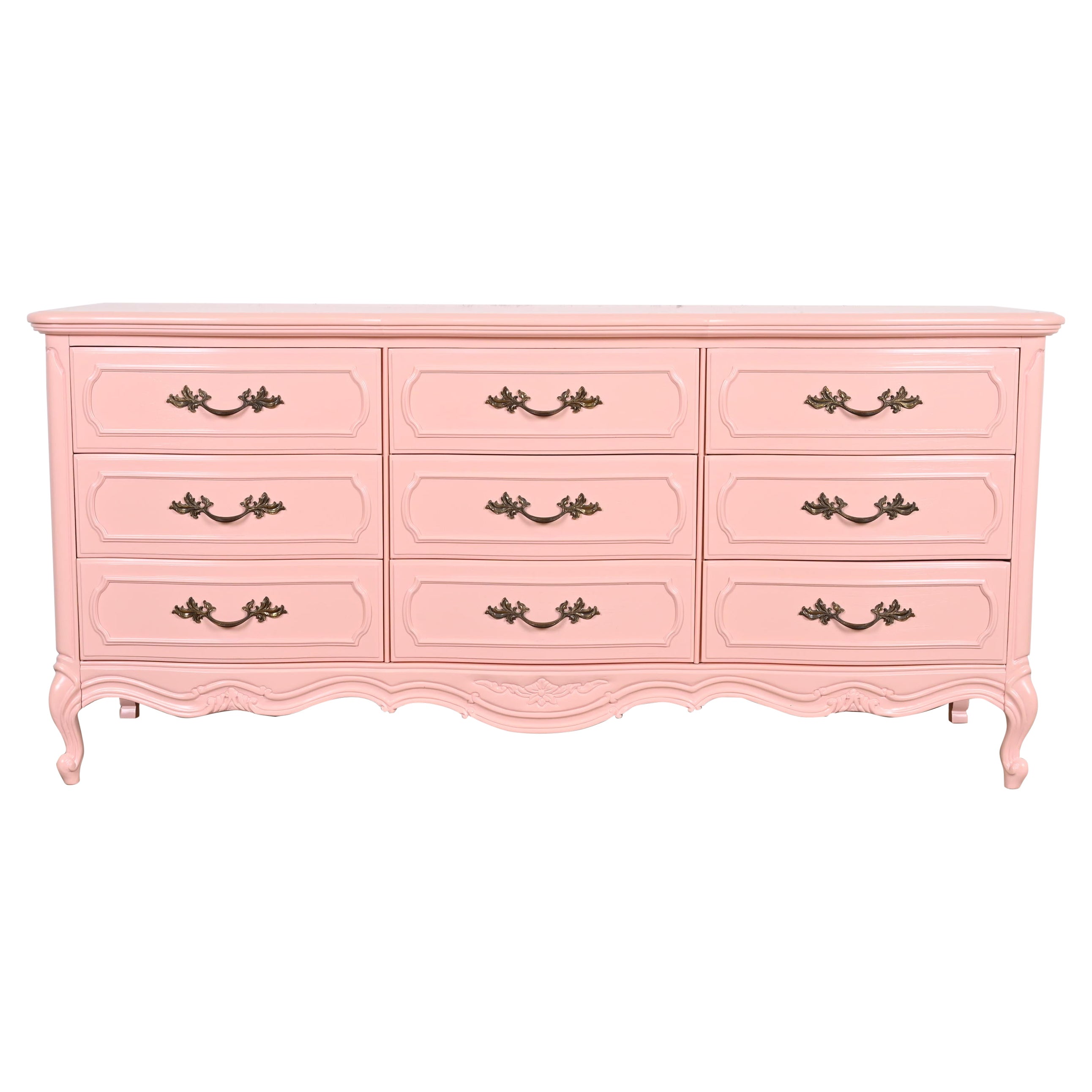 Thomasville French Provincial Louis XV Pink Lacquered Triple Dresser, Refinished For Sale