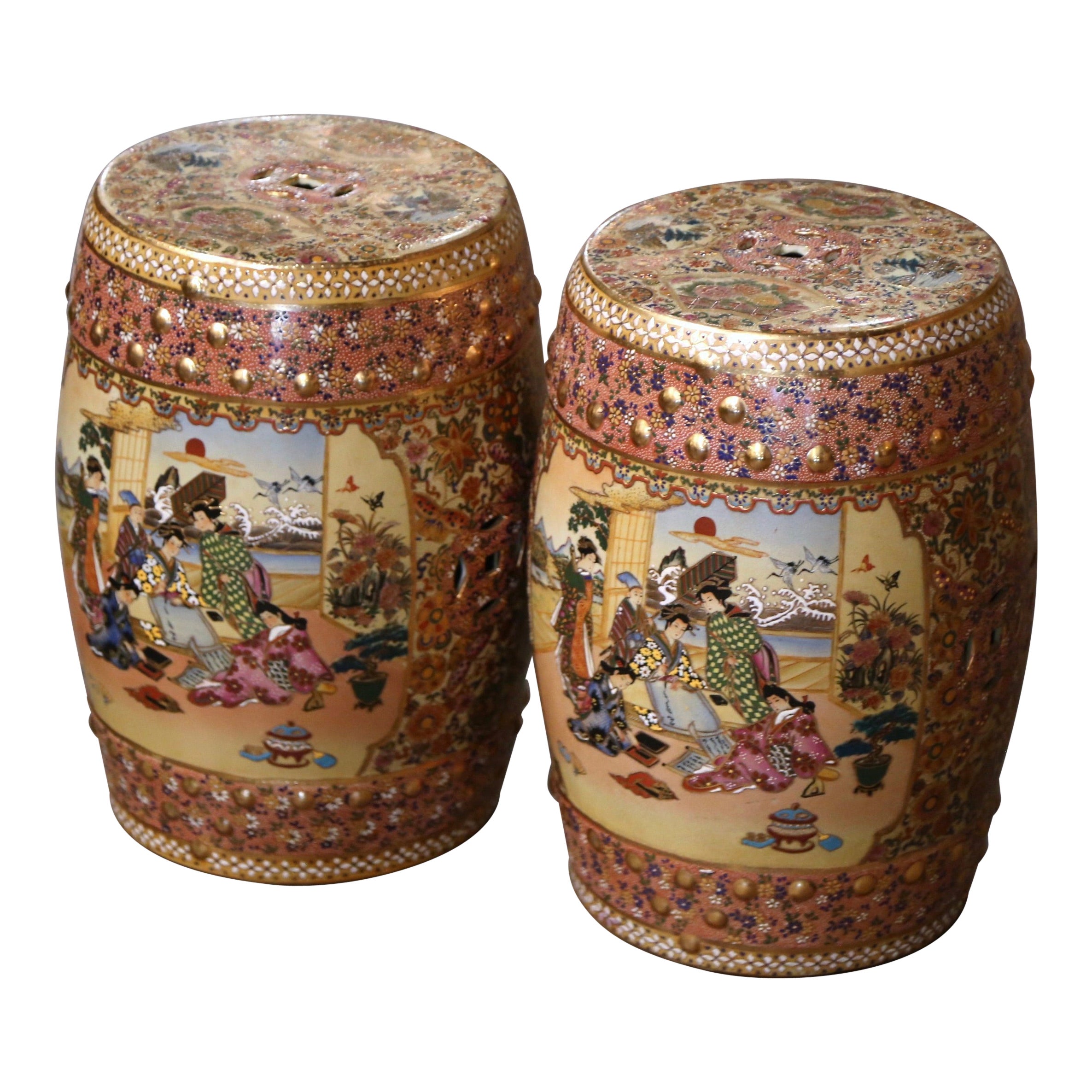 Pair Mid-Century Japanese Hand Painted and Gilt Satsuma Porcelain Garden Stools  For Sale