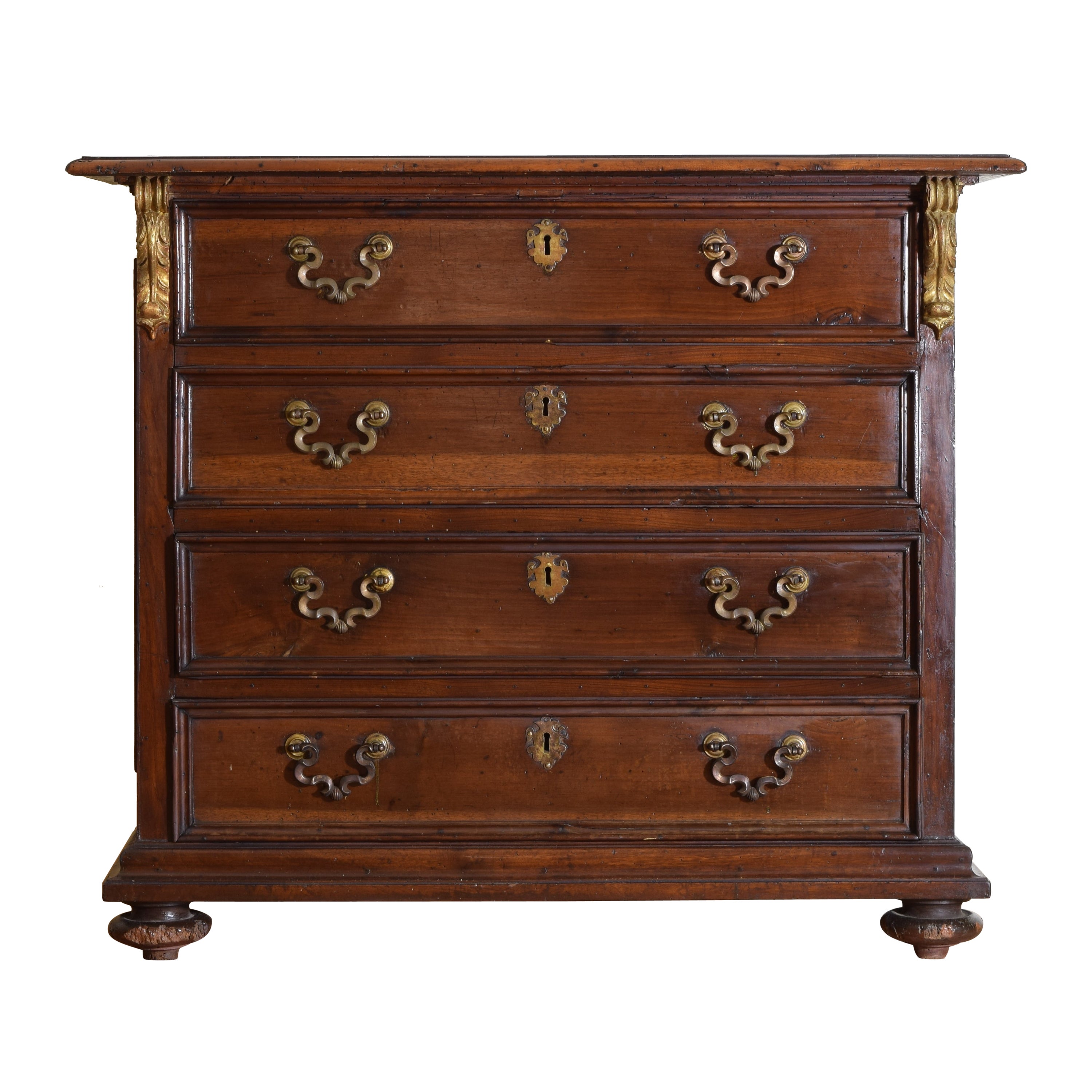 Italian, Tuscany, Baroque Walnut and Giltwood 4-Drawer Commode, ca. 1700 For Sale