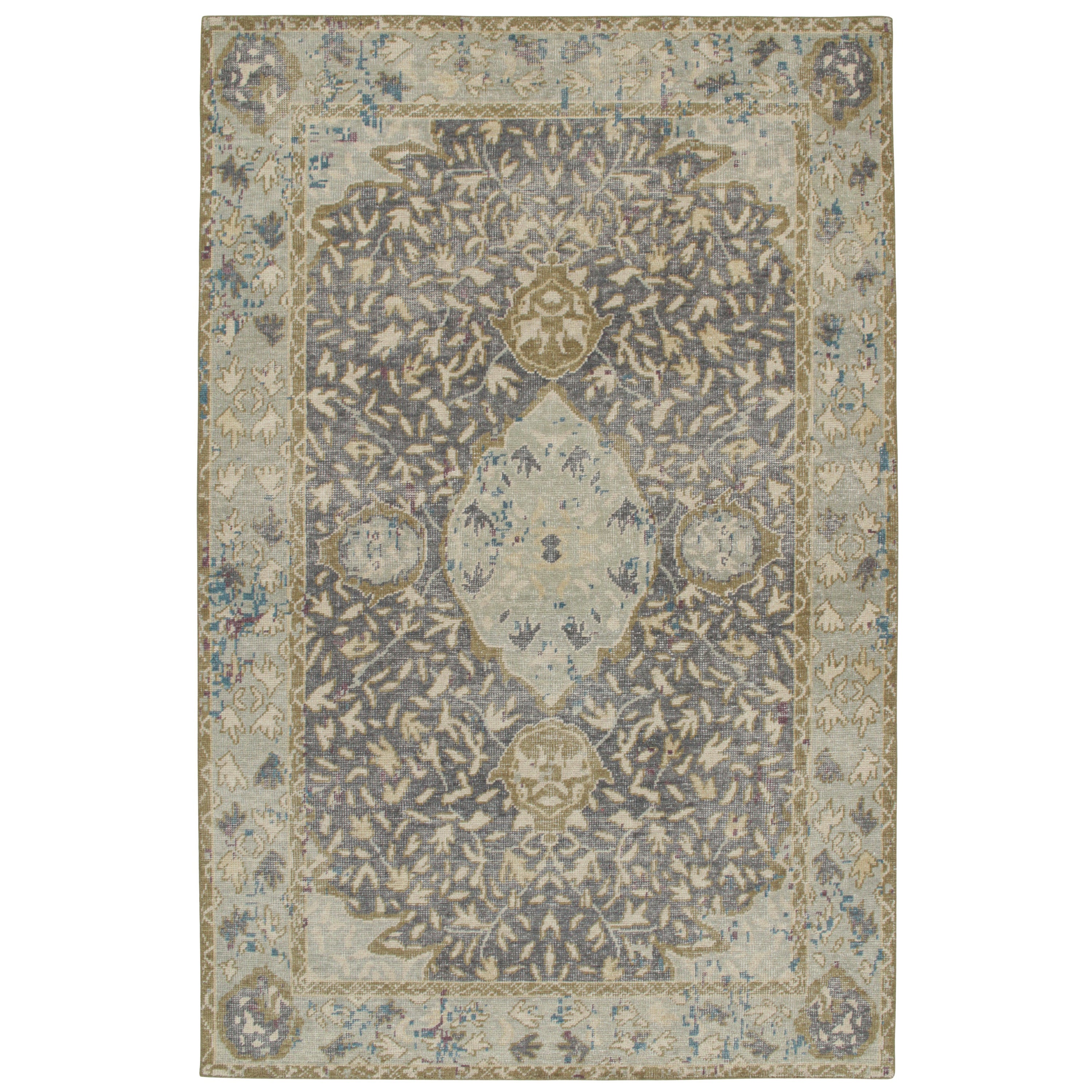 Rug & Kilim’s Distressed Classic Style Rug with Ice Blue Medallion Pattern For Sale