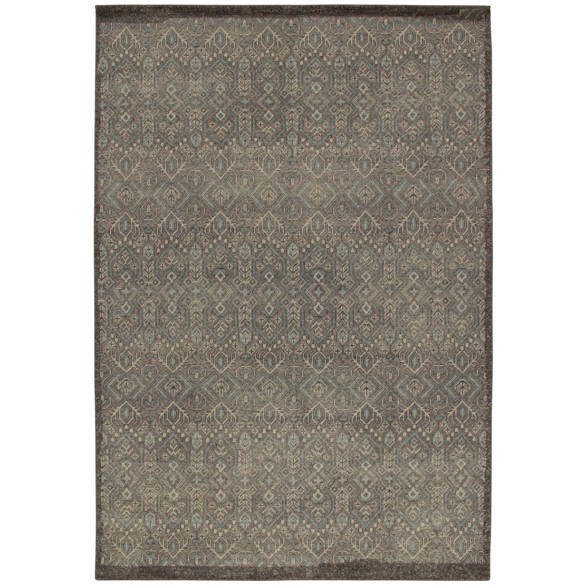 Rug & Kilim’s Distressed Tribal Style Rug in Grey and Blue Geometric Patterns