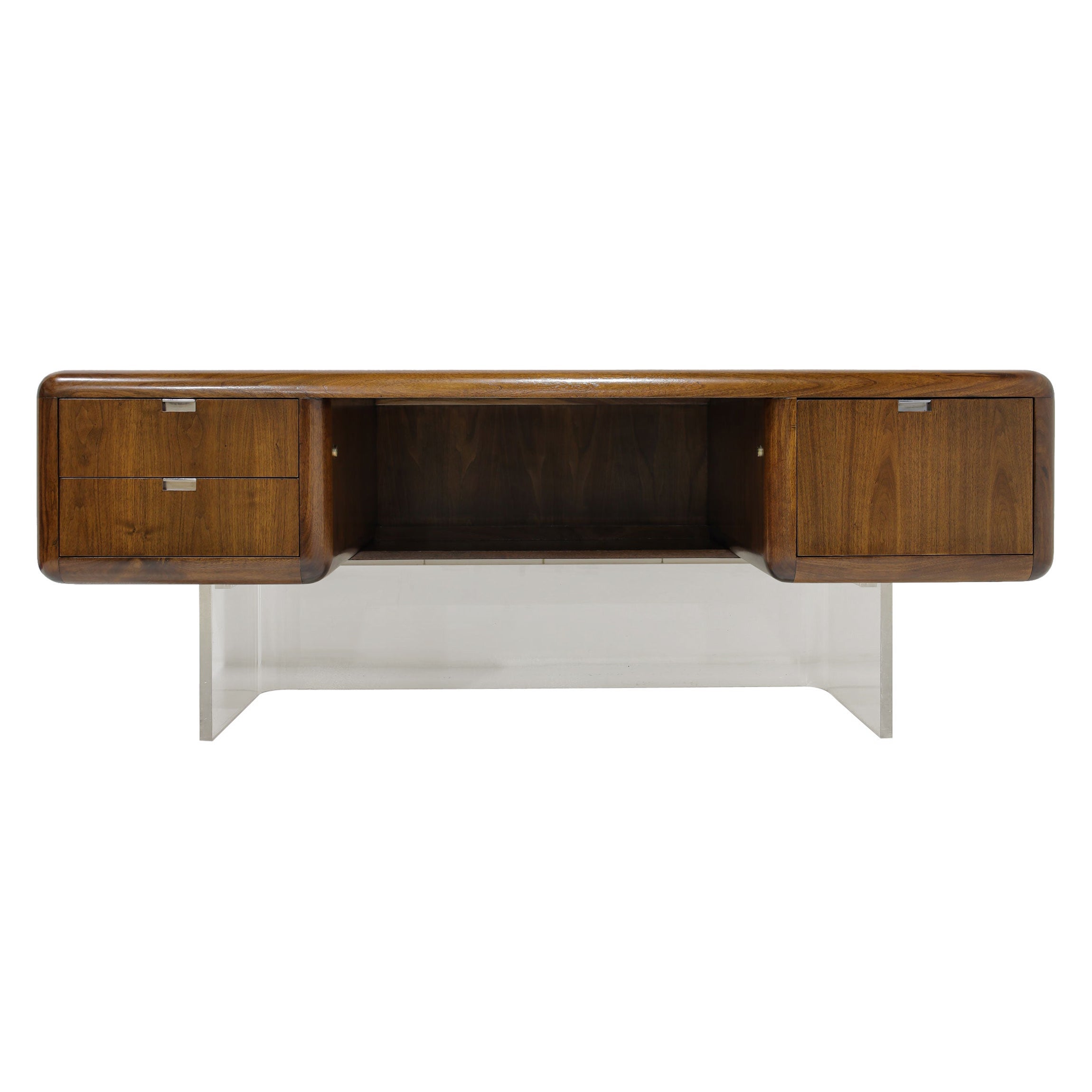 Vladimir Kagan Style Walnut and Lucite Executive Desk by Gianni,  1970s For Sale