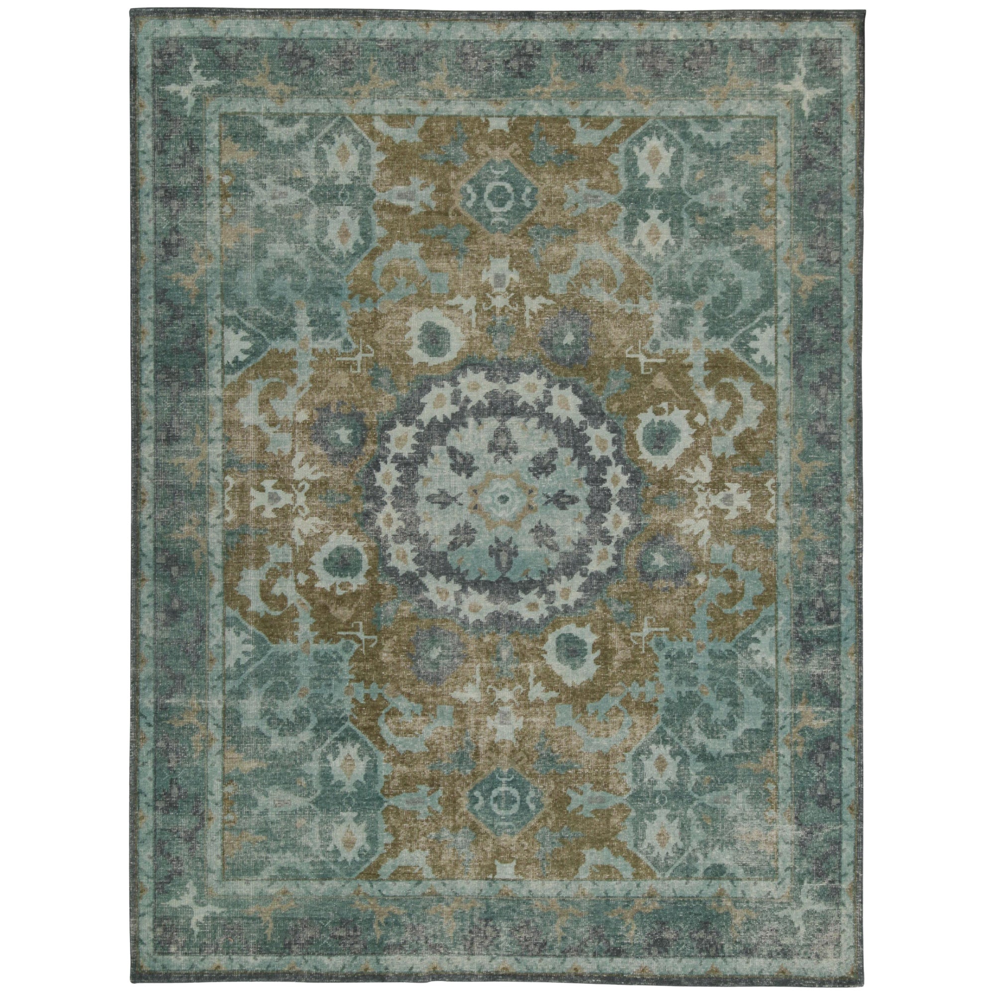 Rug & Kilim’s Distressed style Rug in Blue Medallion Pattern For Sale