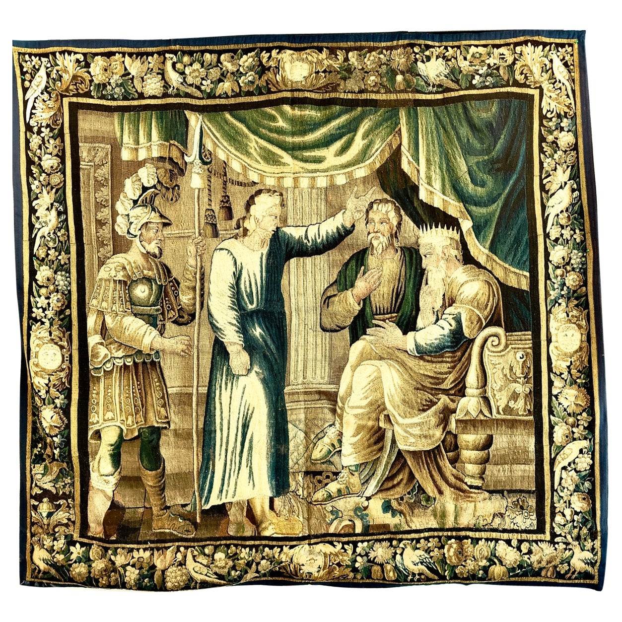 Original 17th Century Flemish "King David" Wool and Silk Tapestry, Green, Blue