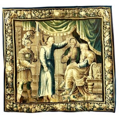 Original 17th Century Flemish "King David" Wool and Silk Tapestry, Green, Blue