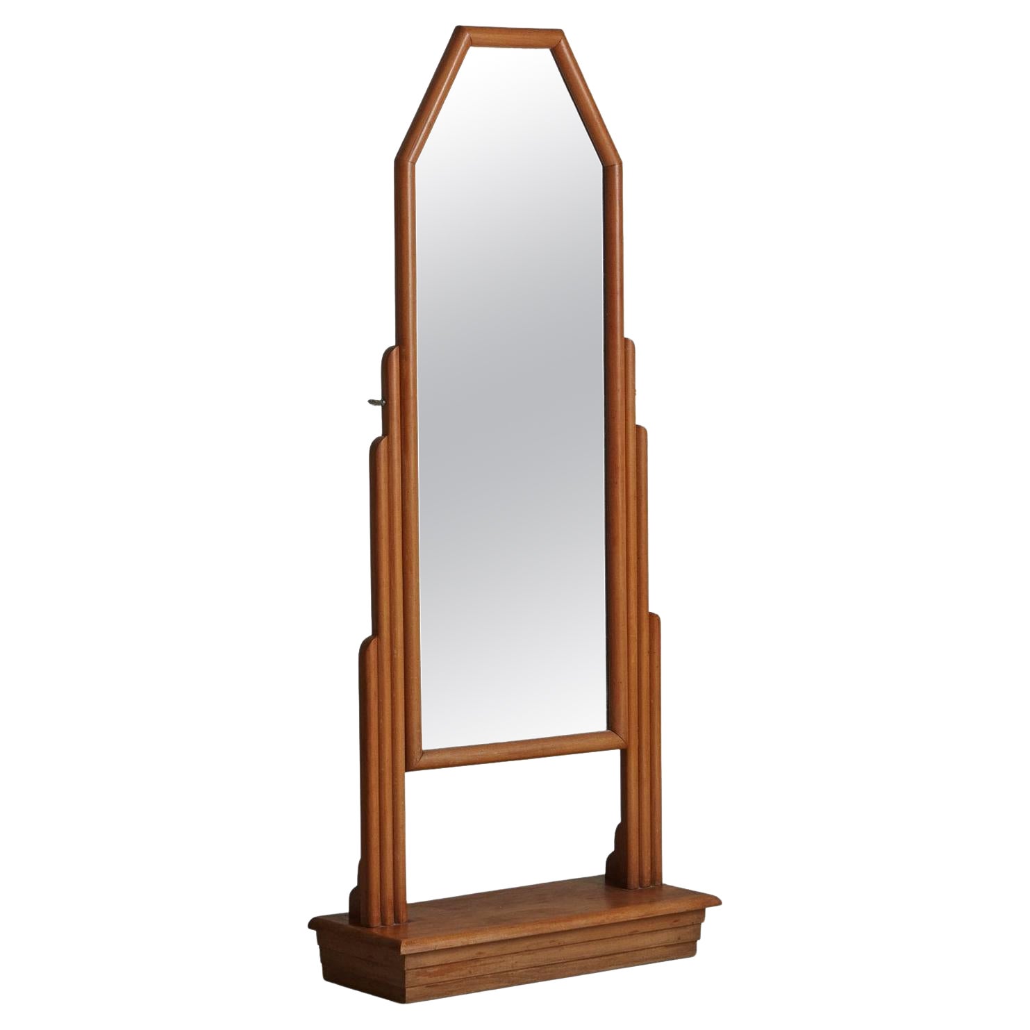 Wood Frame Art Deco Cheval Standing Floor Mirror, France 1930s For Sale