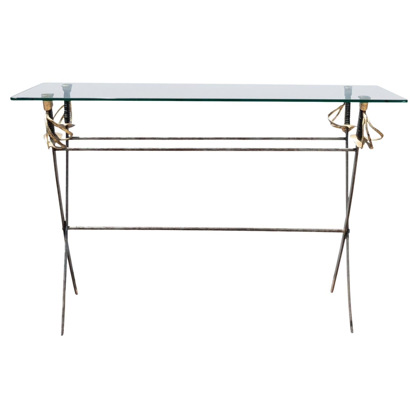 French Maison Jansen Attributed Steel And Brass Sword Console Table For Sale