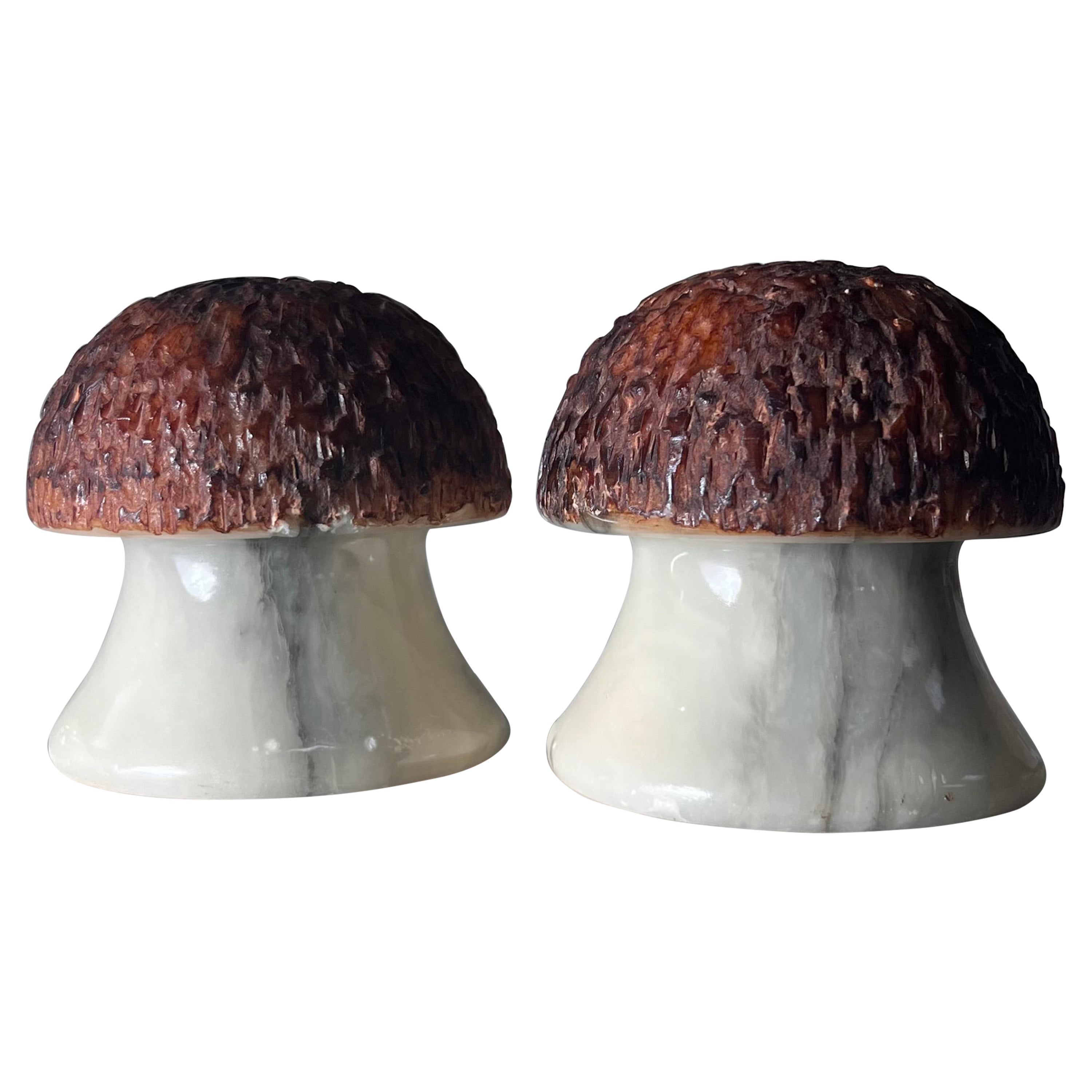 Vintage Italian marble alabaster mushroom bookends, 1960s