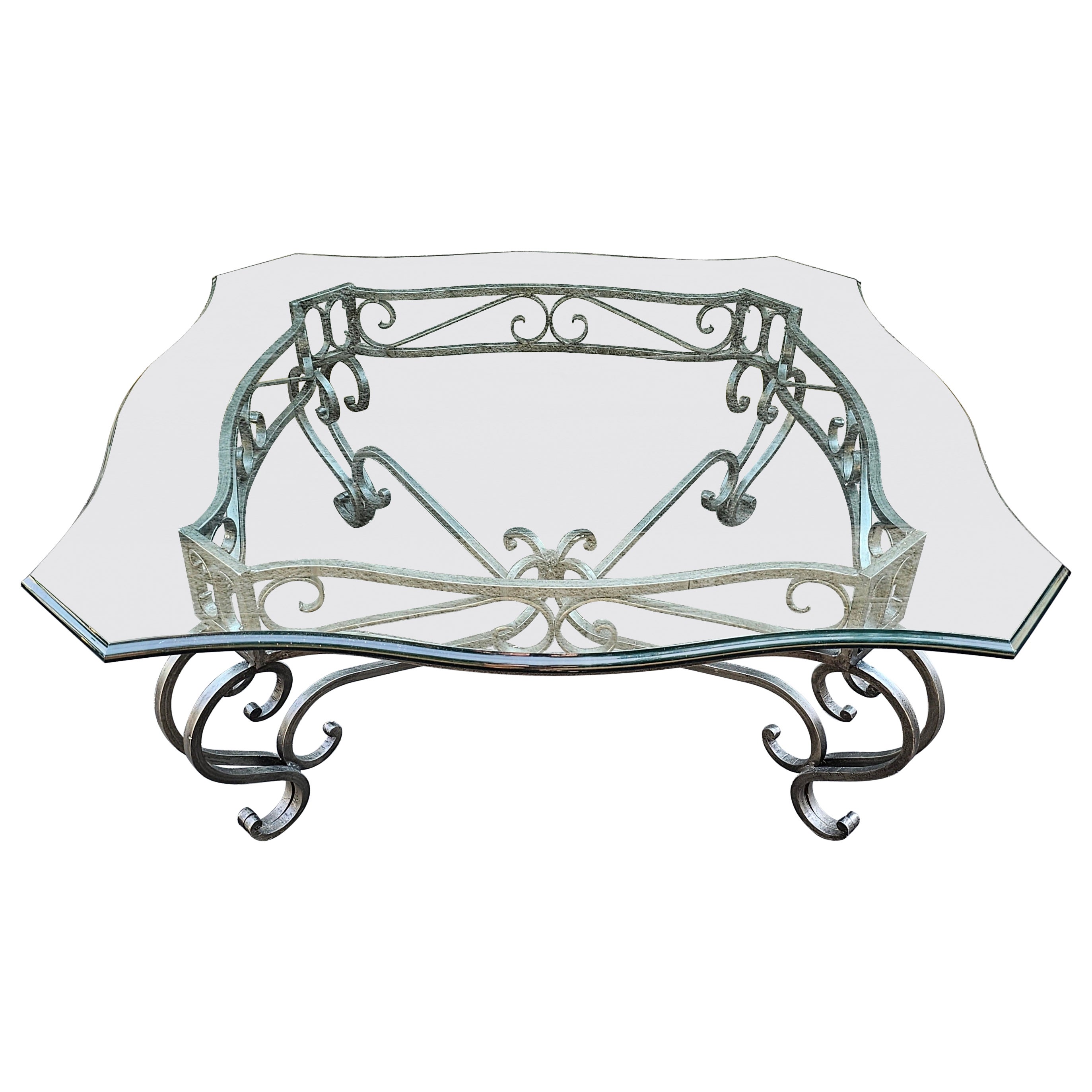 Contemporary Patinated Iron and Glass Top Coffee Table For Sale