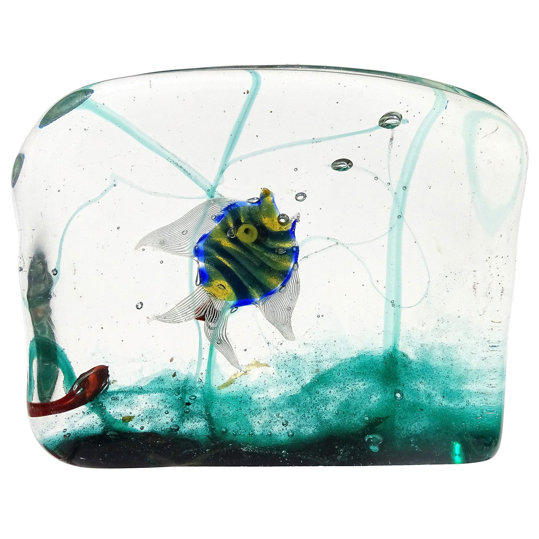 Murano Yellow Blue Stripes Gold Flecks Italian Art Glass Fish Aquarium Sculpture For Sale