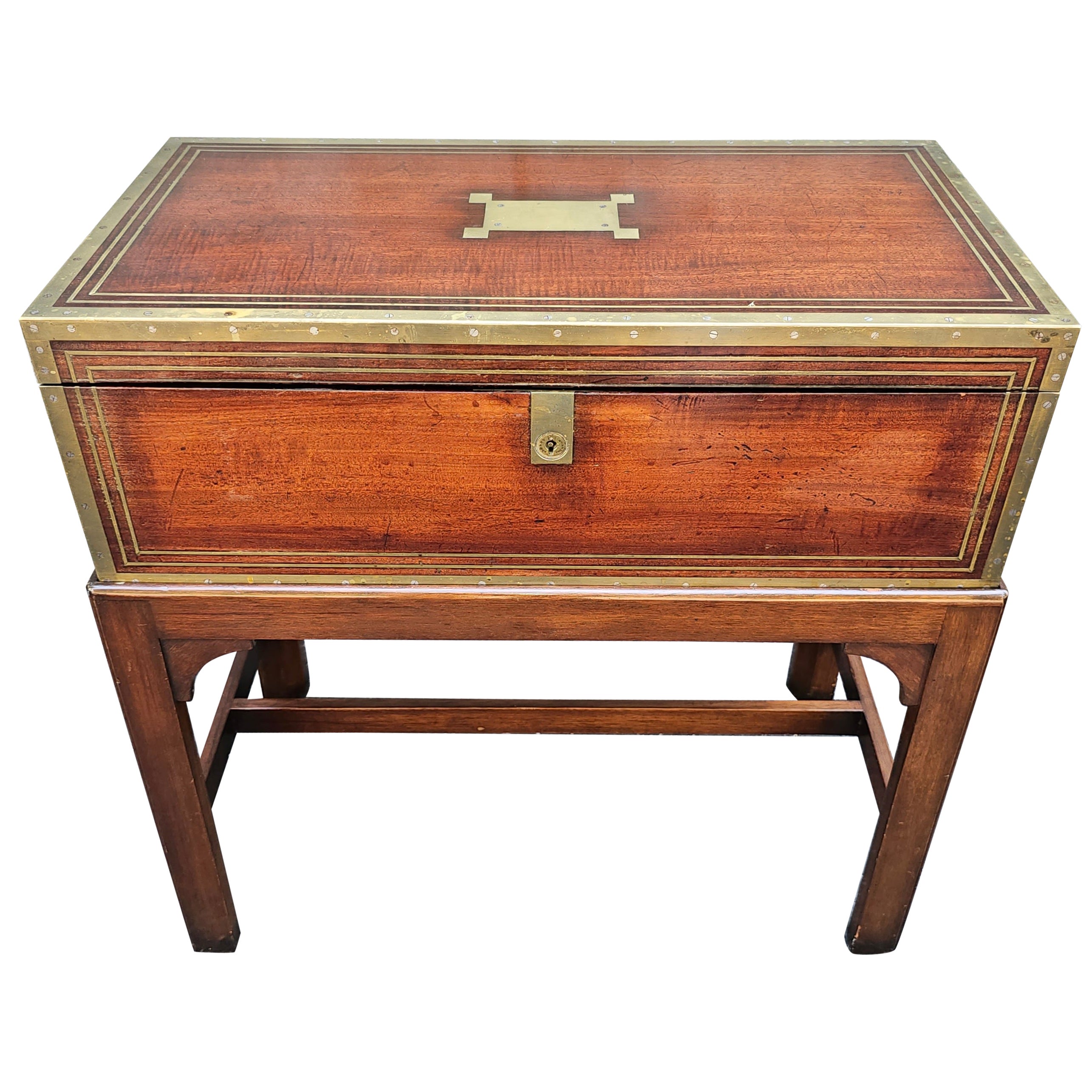 19th Century Mahogany and Brass Inlays Travel Desk on Stand For Sale