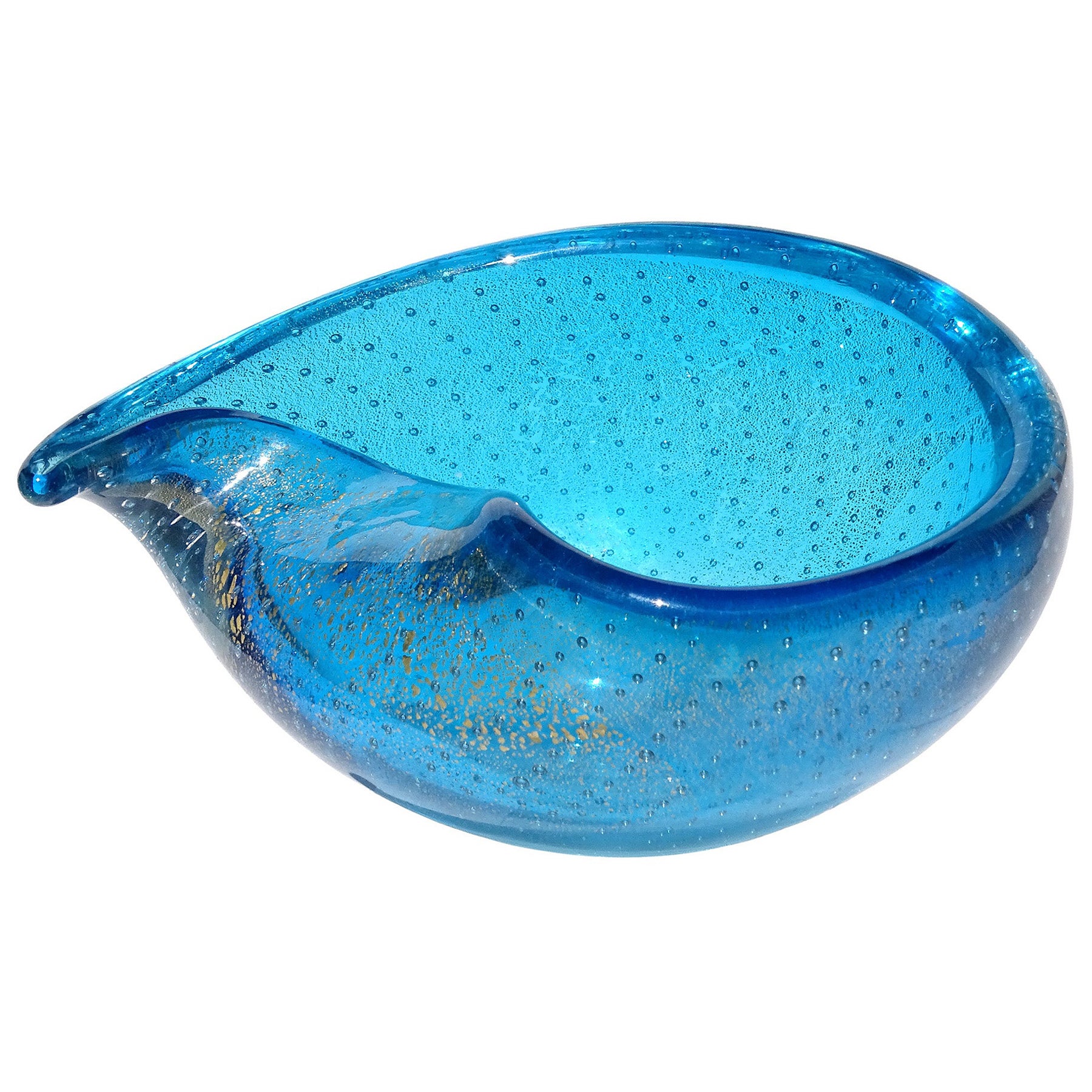 Murano Sapphire Blue Gold Flecks Bubbles Italian Art Glass Tear Water Drop Bowl For Sale