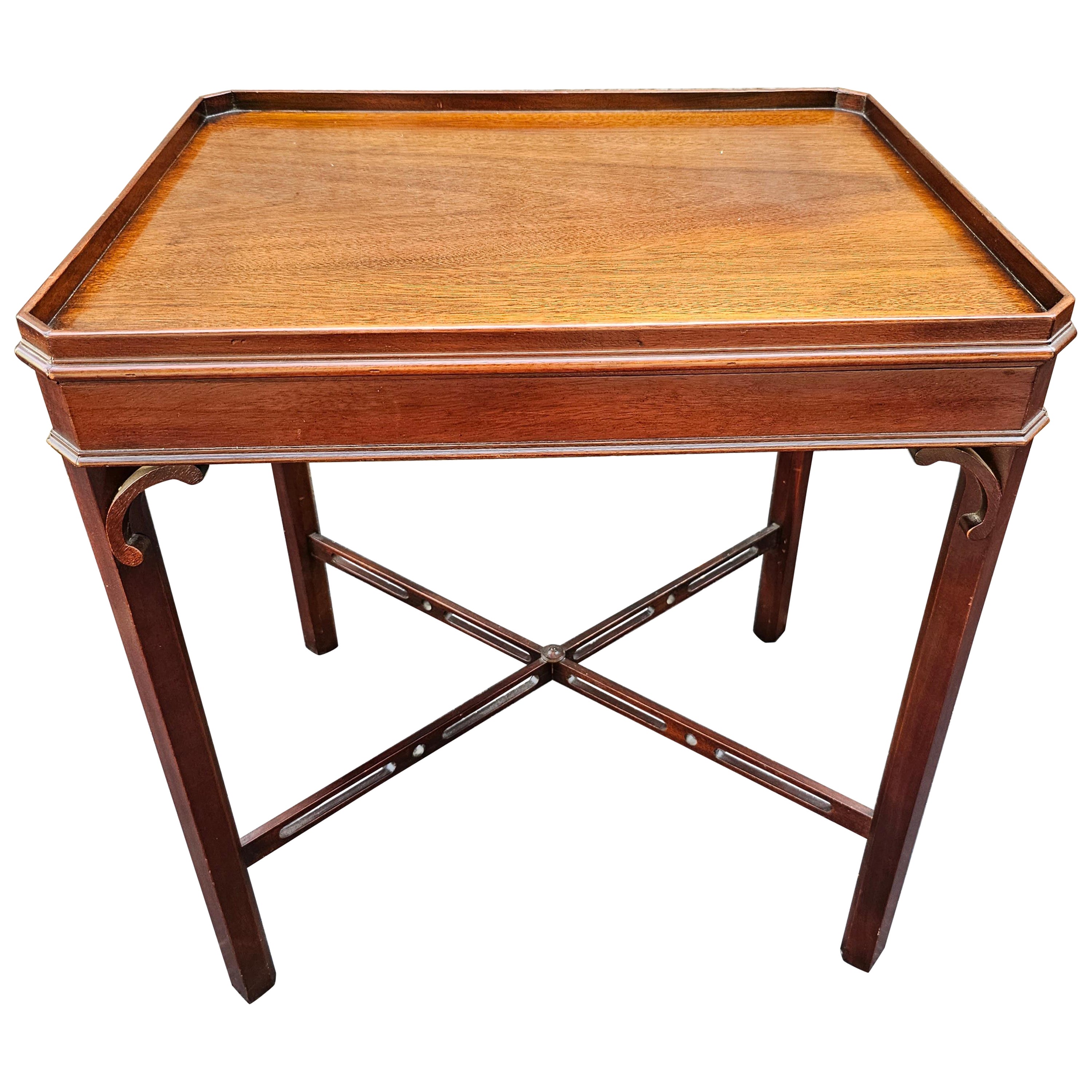 Mid-Century Georgian Style Mahogany Stretcher and Galleried  Side Table For Sale